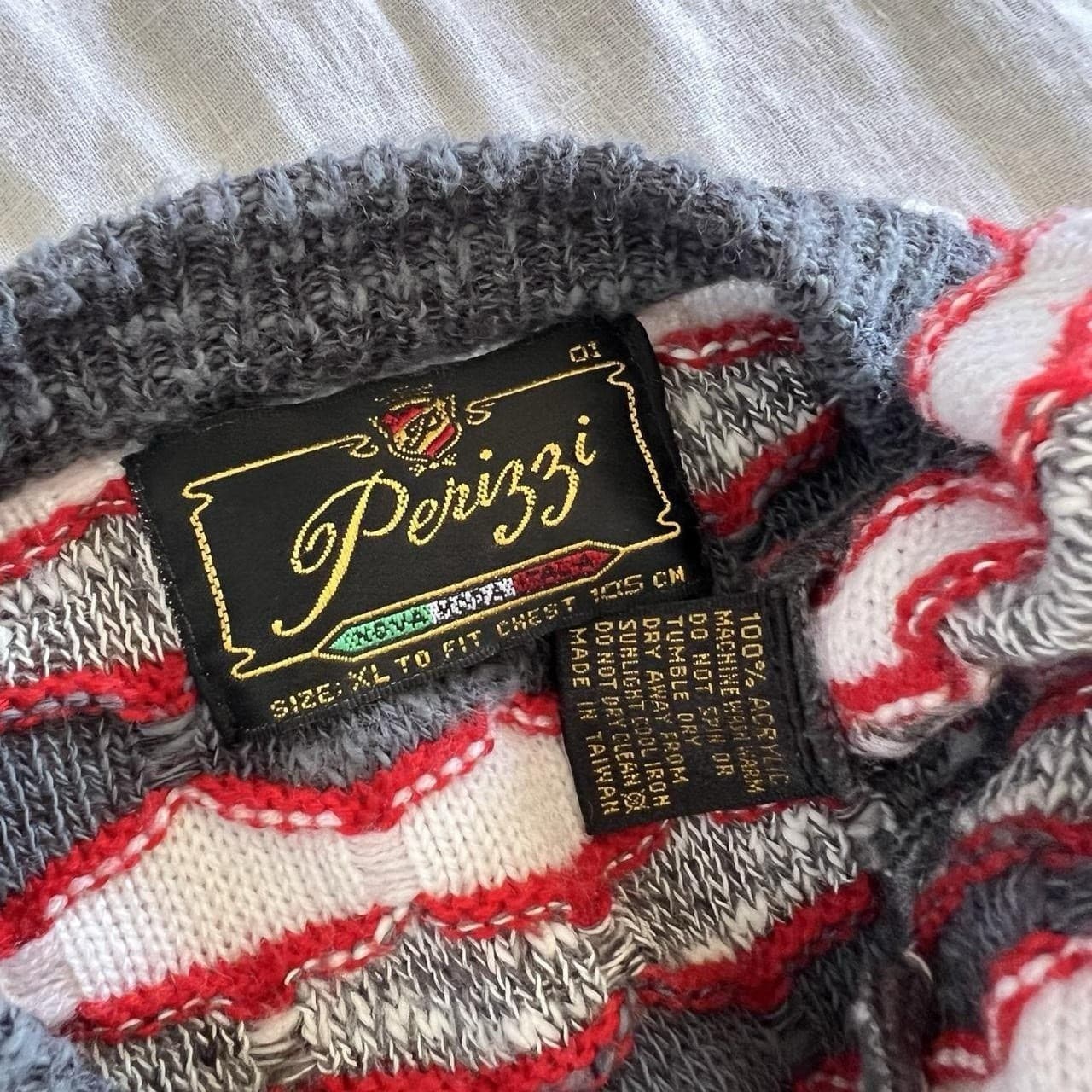 Vintage Perizzi Geometric Knit Sweater XL Grey White Red Grandpacore Crewneck — photo 8 of 8