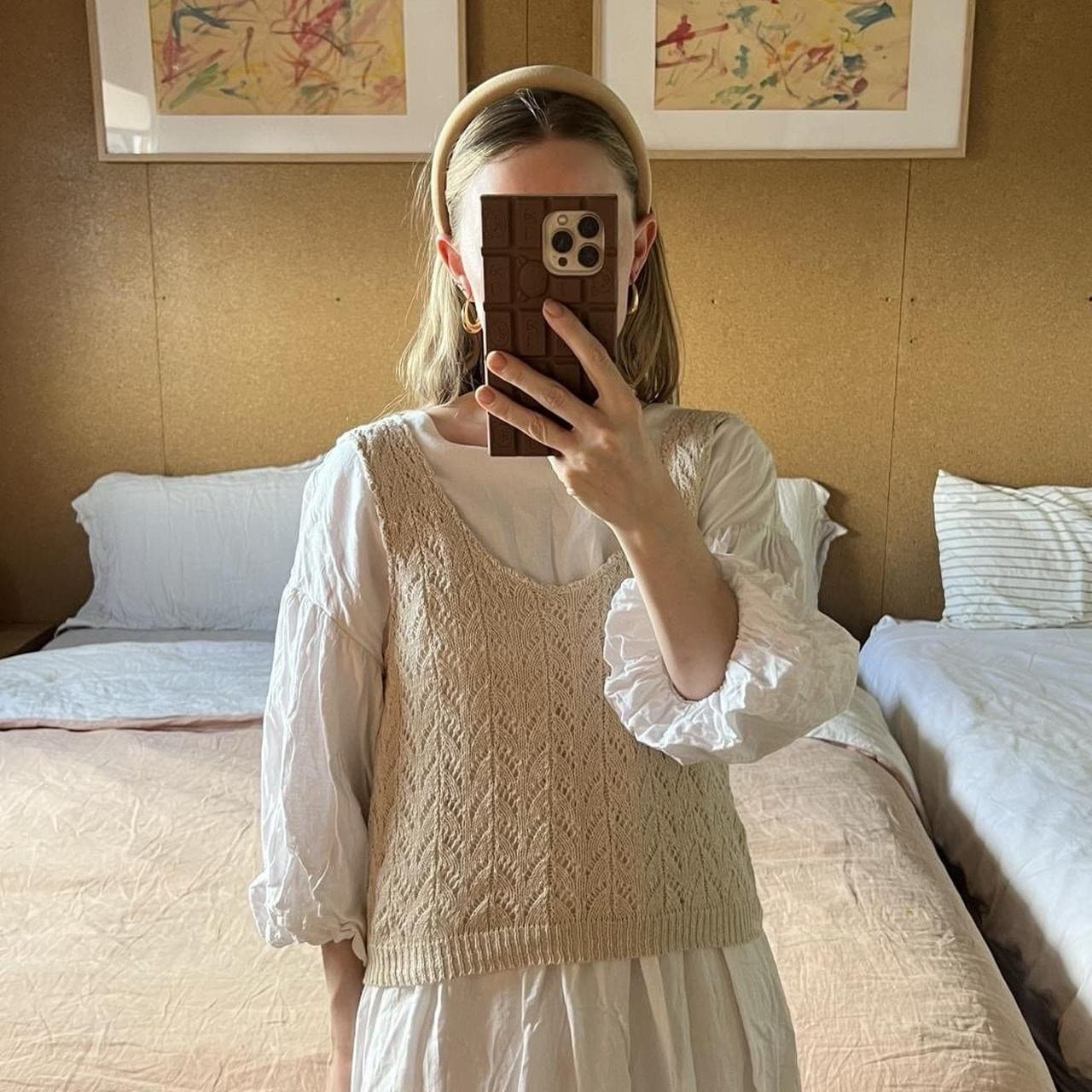 Vintage 90s Open Knit Vest Top Cream Cotton Pointelle Crochet Layering Tank S M — photo 1 of 8
