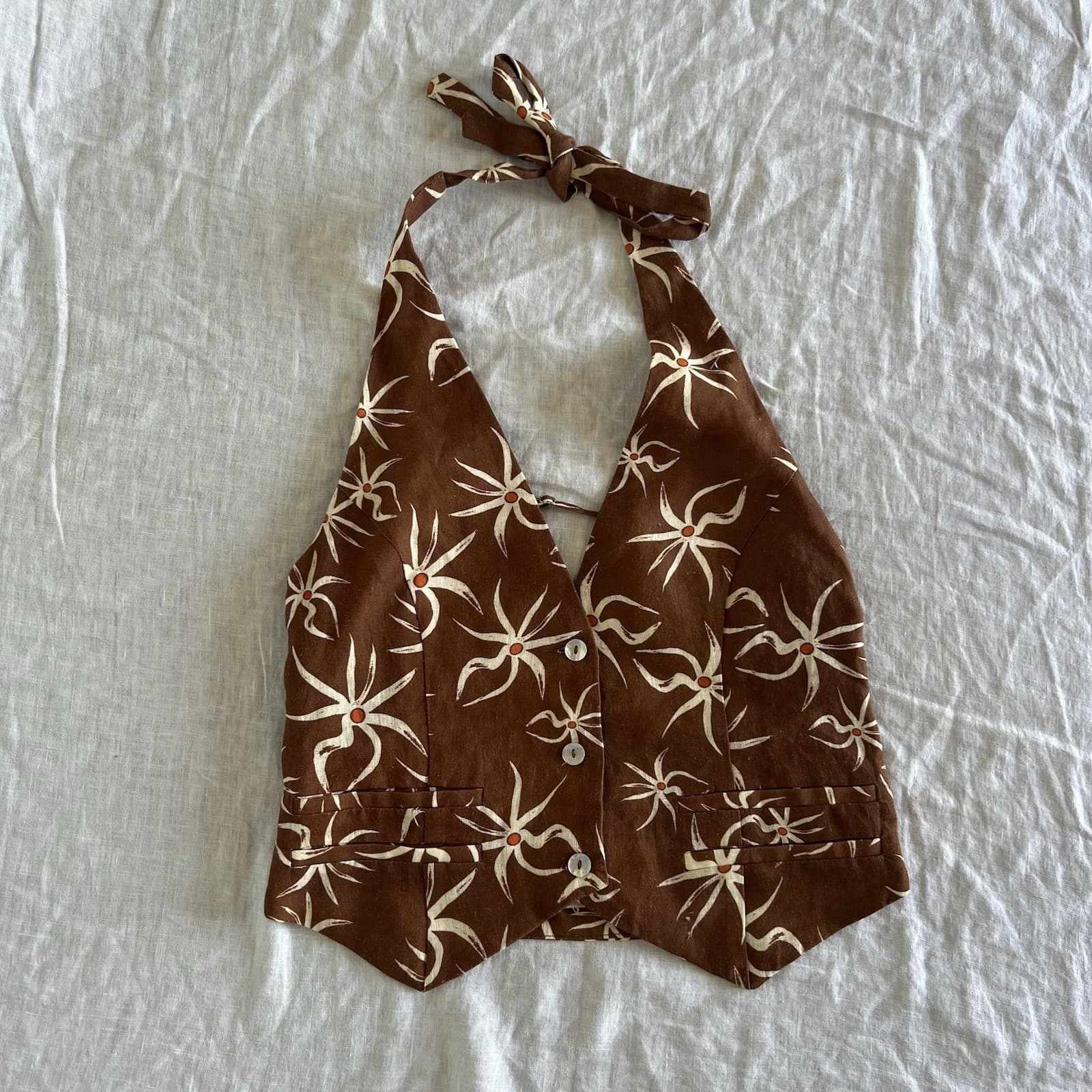 VRG GRL Los Cabos Linen Vest Top Brown Floral Halter Neck Waistcoat Summer 8 — photo 1 of 7