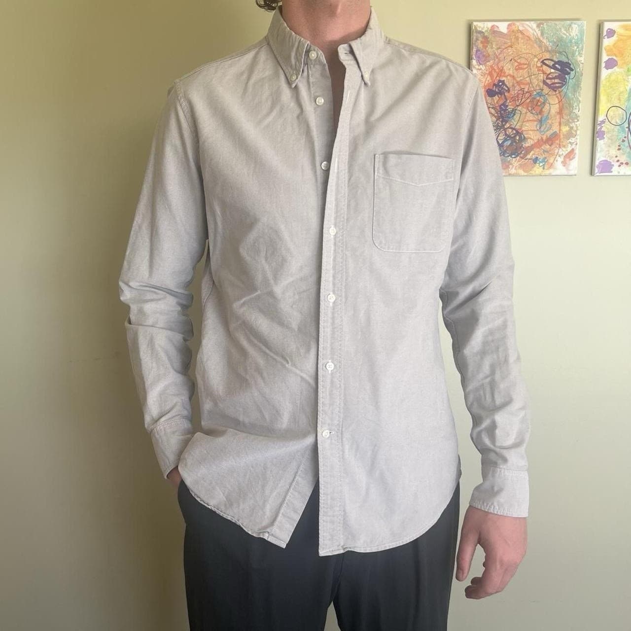 Uniqlo Men M Grey Oxford Shirt Slim Fit Cotton Button Down Long Sleeve Casual — photo 1 of 10