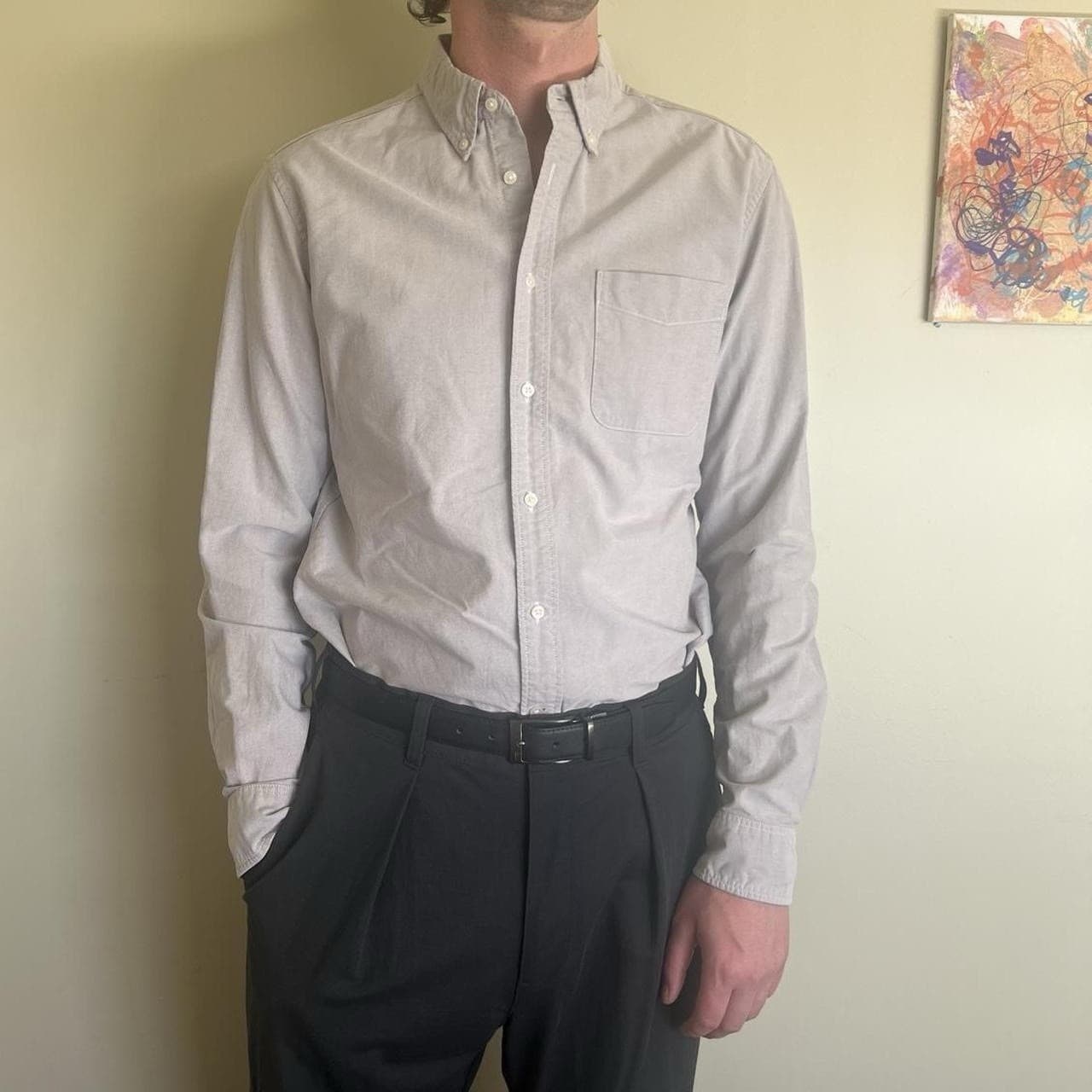 Uniqlo Men M Grey Oxford Shirt Slim Fit Cotton Button Down Long Sleeve Casual — photo 3 of 10