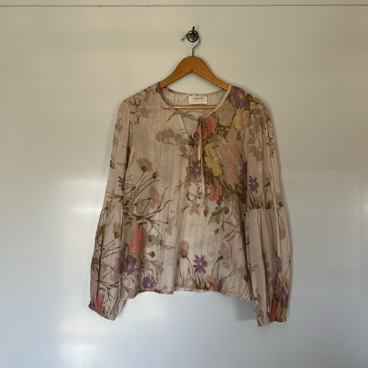 Auguste the Label Floral Blouse Cotton Lurex Gold Metallic Tie Front Boho S 8 — photo 4 of 7
