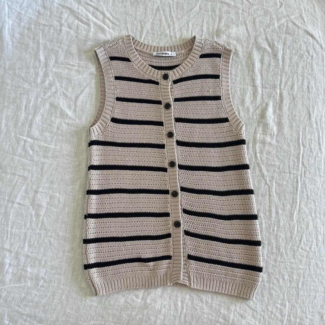 Striped Knit Vest Beige Black Button Waistcoat French Girl Cottagecore Boho 8 — photo 3 of 8