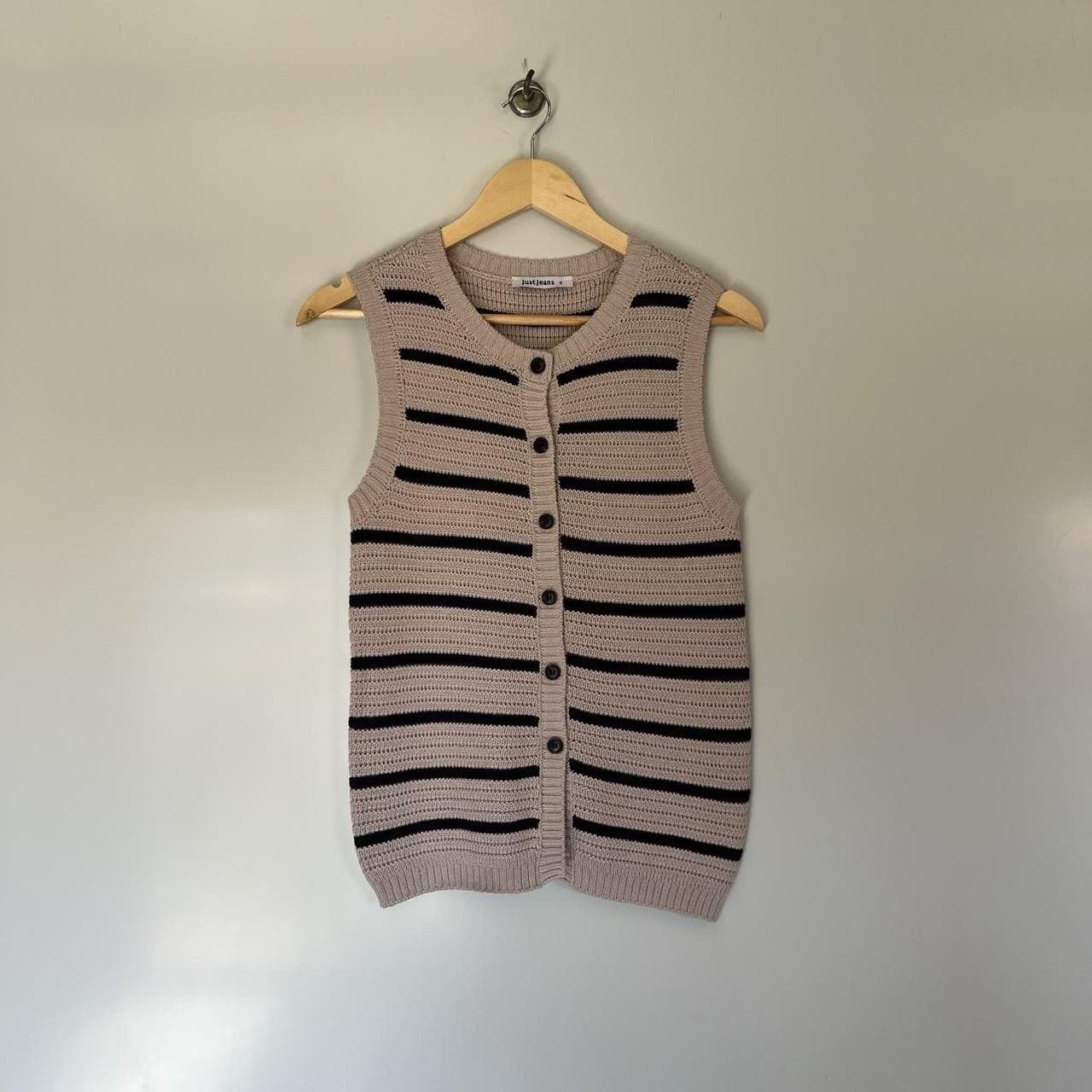 Striped Knit Vest Beige Black Button Waistcoat French Girl Cottagecore Boho 8 — photo 4 of 8