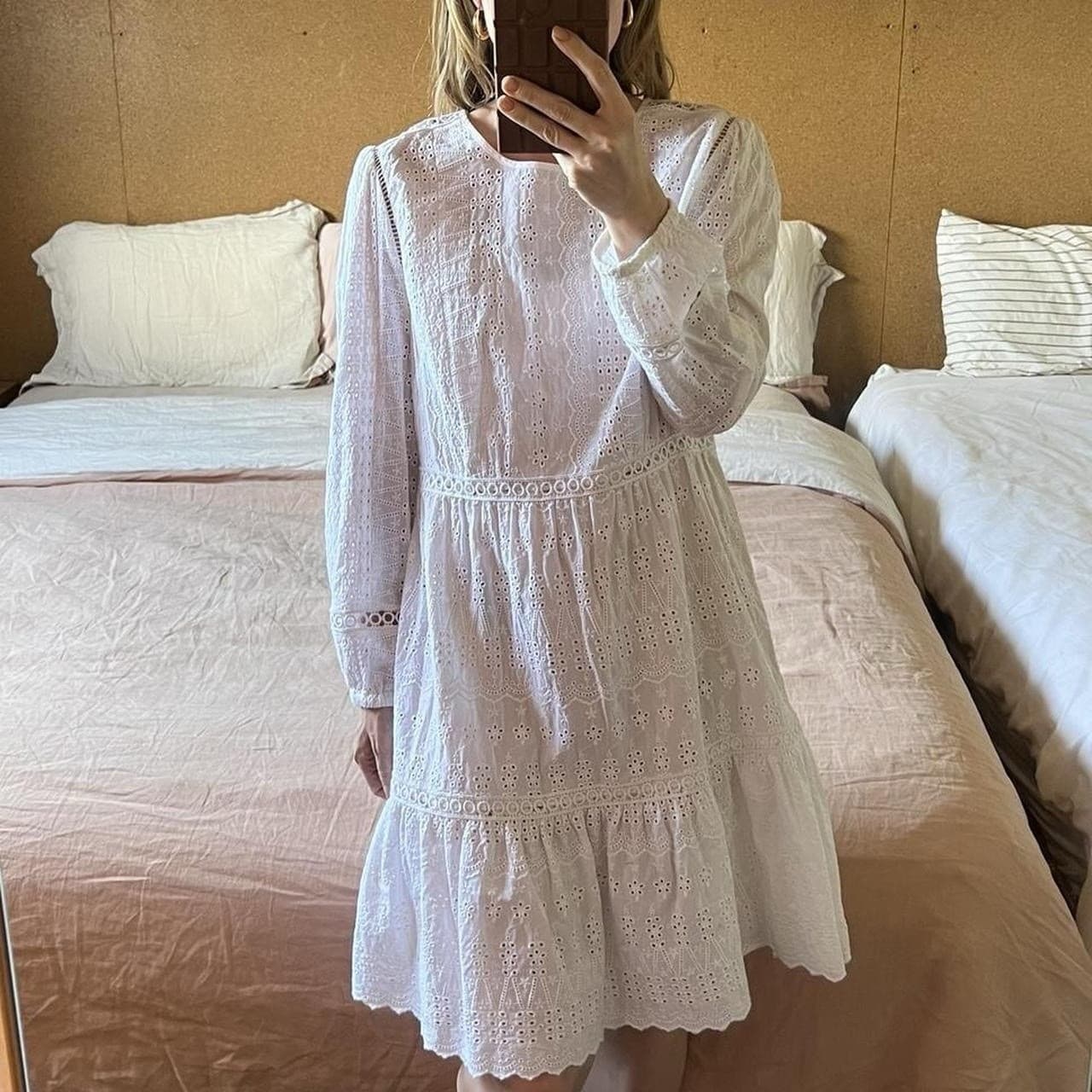 White Cotton Eyelet Dress Tiered Broderie Anglaise Cottagecore Milkmaid Mini 6 — photo 2 of 8