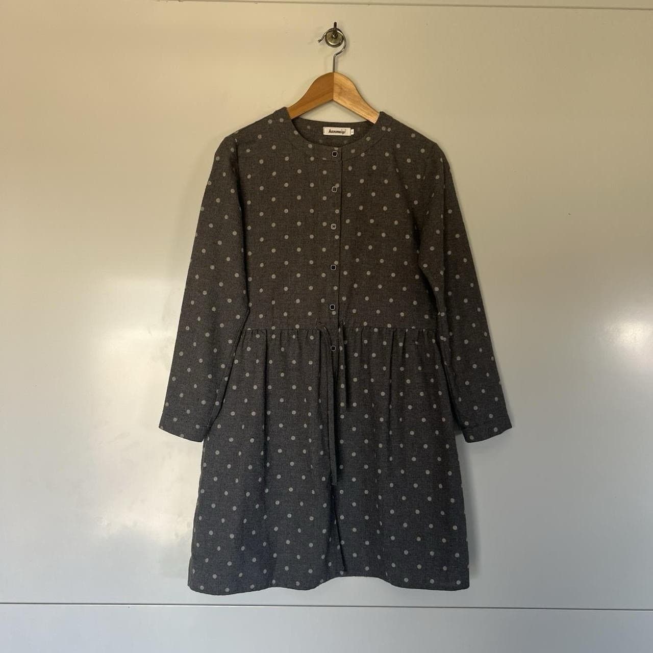 Grey Polka Dot Dress Dark Academia Winter Wool Feel Long Sleeve Button Up S M — photo 3 of 8