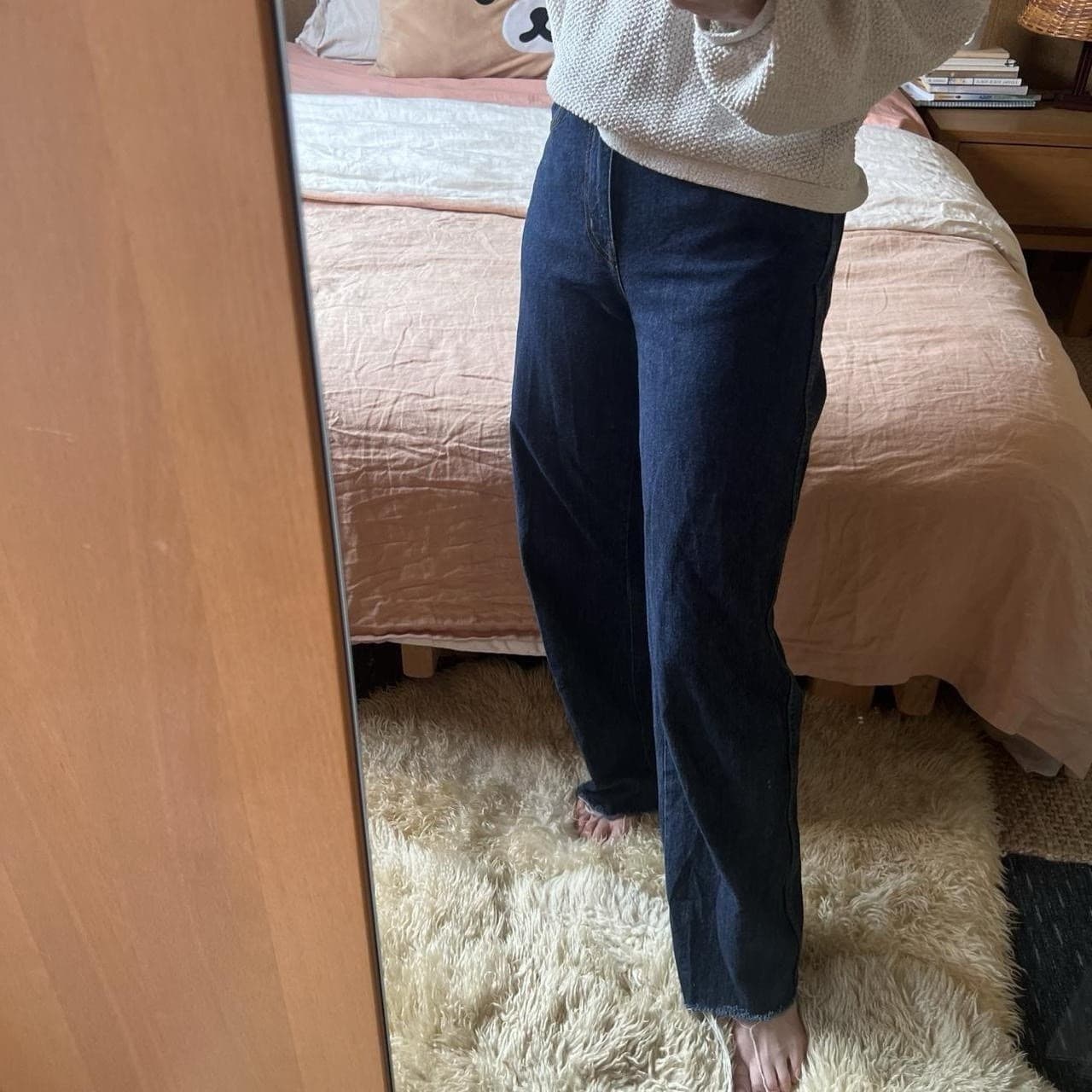 Uniqlo U Wide Leg Jeans Dark Indigo High Waisted Japanese Minimalism Raw Hem 6 — photo 2 of 8