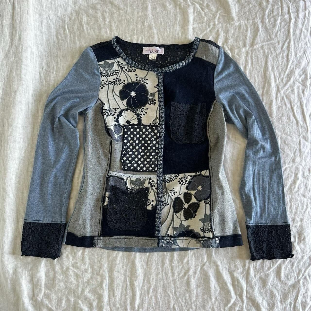 Linea Tesini Patchwork Cardigan Blue Multi Knit Lace Y2K Indie Sleaze Archive 10 — photo 1 of 8