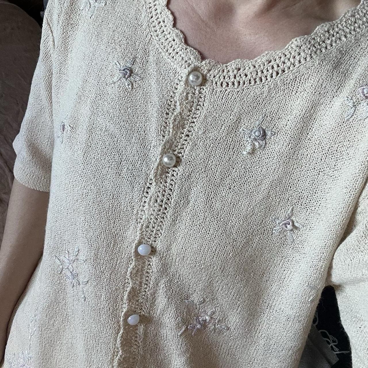 Vintage Cream Knit Cardigan Embroidered Floral Pastel Pearl Button Crochet M S — photo 4 of 8