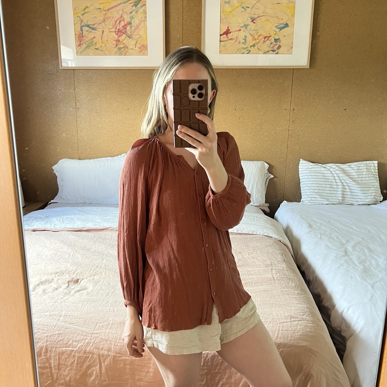 Witchery Terracotta Rust Poet Sleeve Blouse Textured Button Up Boho Top 10 — photo 2 of 9
