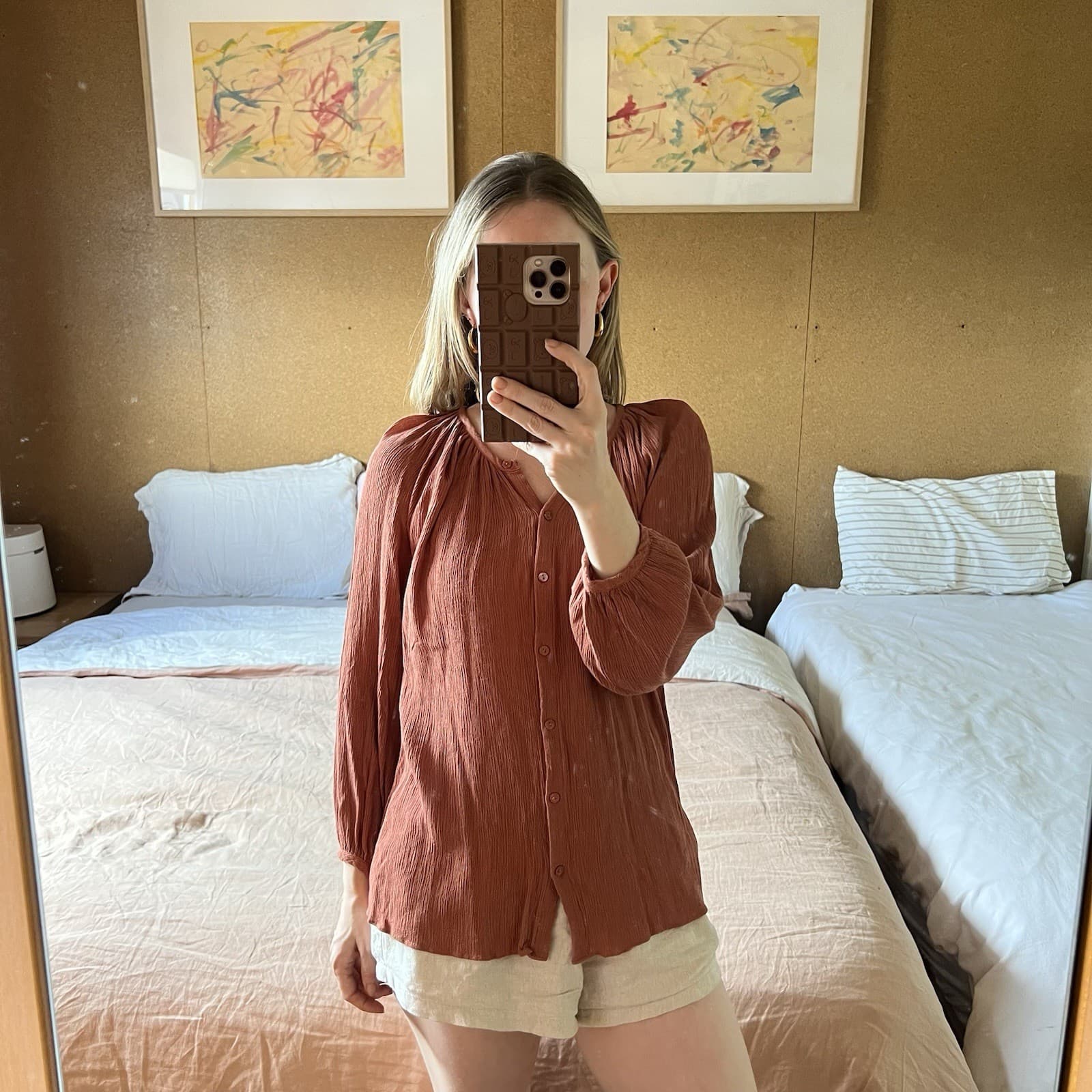 Witchery Terracotta Rust Poet Sleeve Blouse Textured Button Up Boho Top 10 — photo 3 of 9