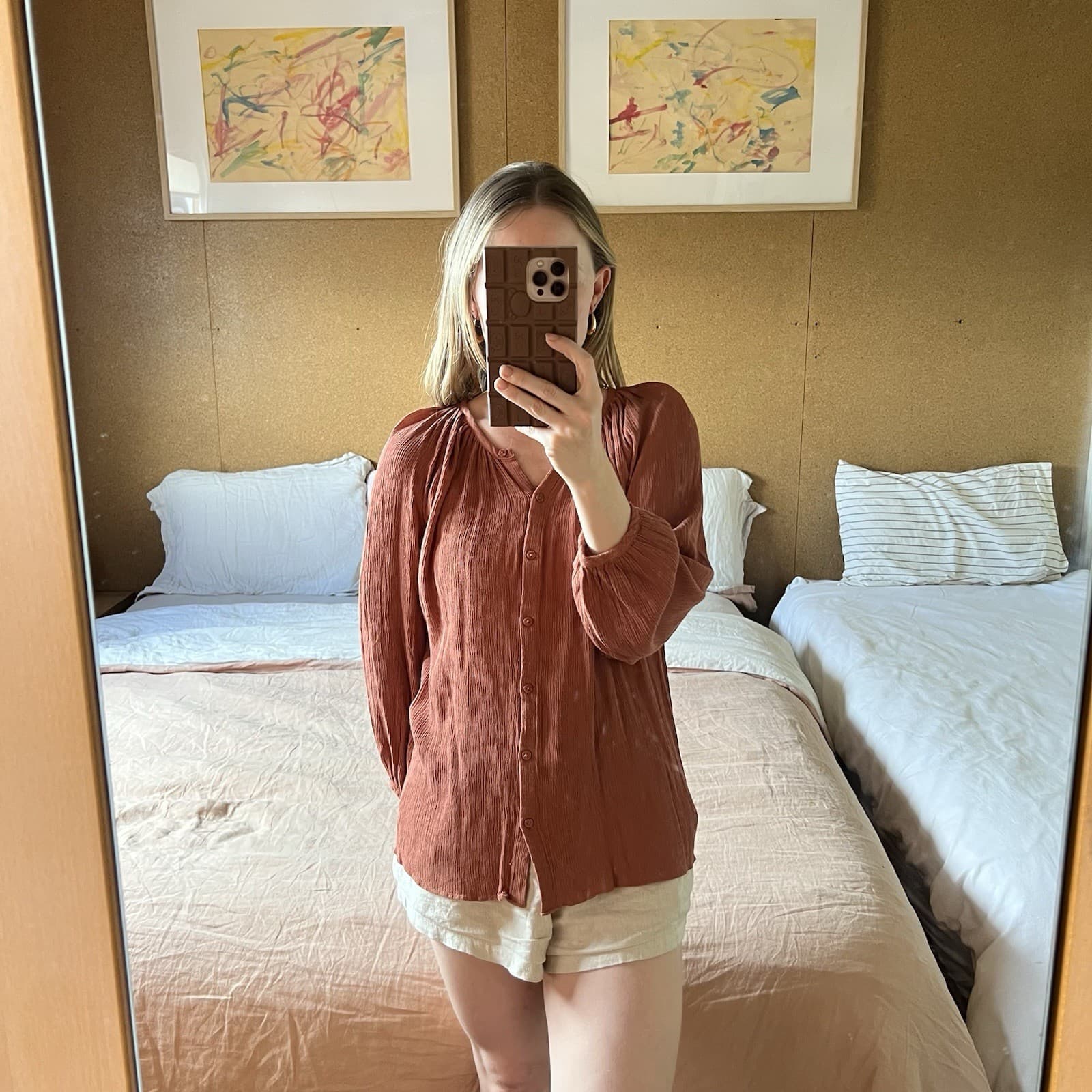 Witchery Terracotta Rust Poet Sleeve Blouse Textured Button Up Boho Top 10 — photo 4 of 9