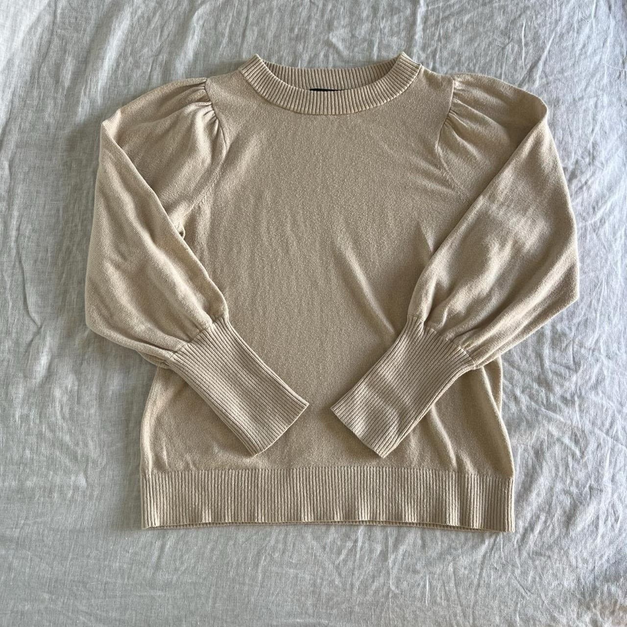 Piper Oatmeal Knit Sweater Cotton Wool Cashmere Puff Sleeve Ribbed Cuff Size XS — photo 3 of 8