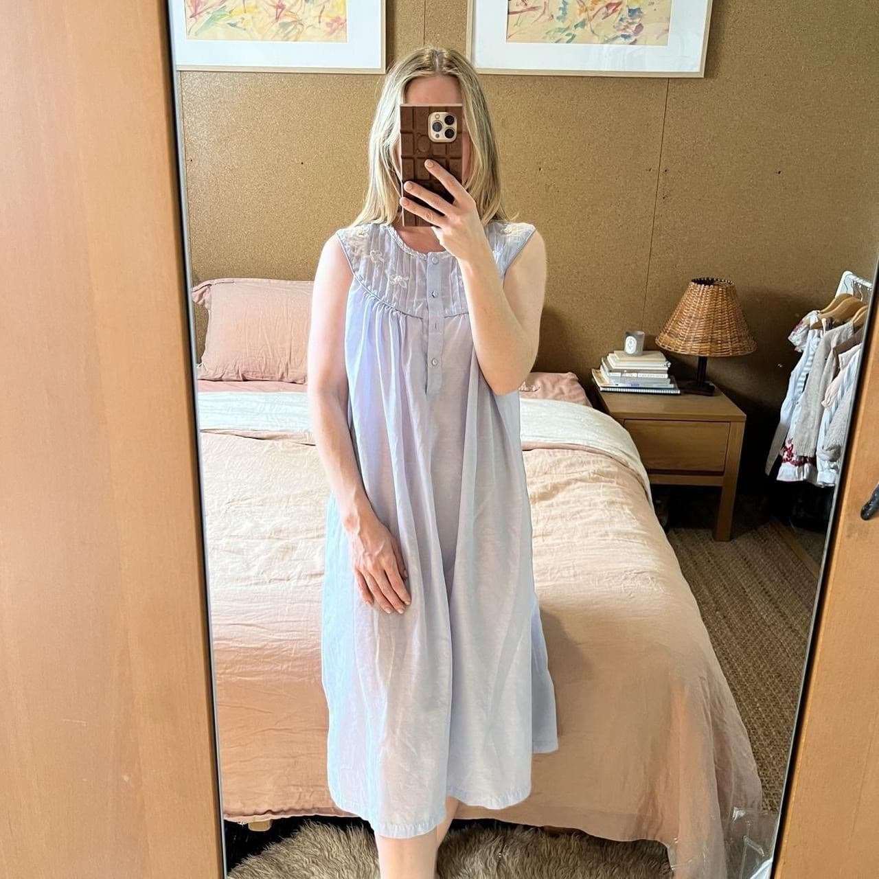 Vintage Light Blue Cotton Nightgown Embroidered Bows Babydoll Coquette M — photo 1 of 8