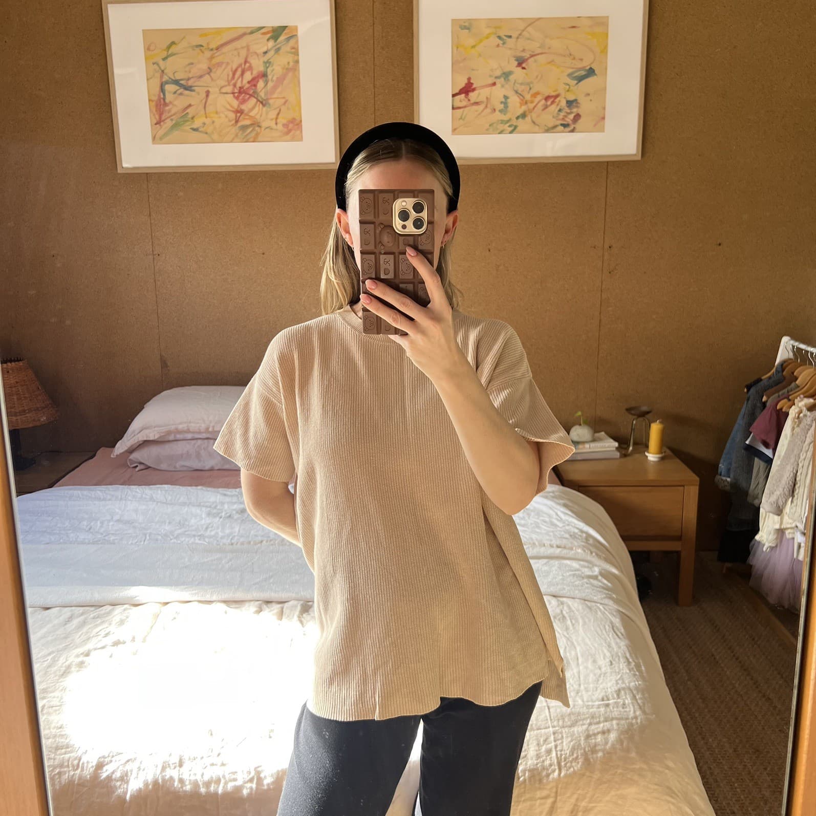 Feather Noise Cream Cotton Ribbed Knit Tee Boxy Coastal Grandmother Beige ML — photo 4 of 8