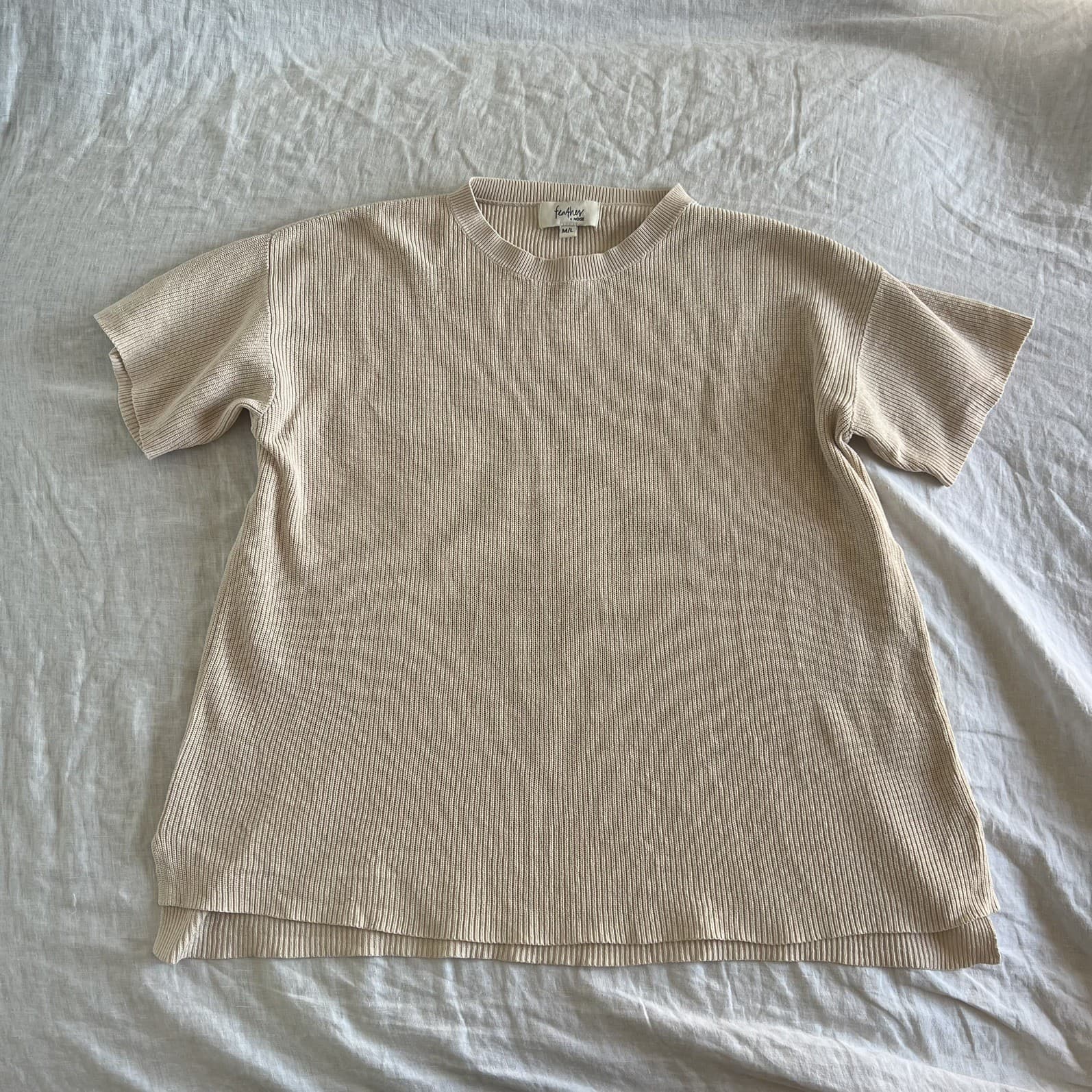 Feather Noise Cream Cotton Ribbed Knit Tee Boxy Coastal Grandmother Beige ML — photo 6 of 8