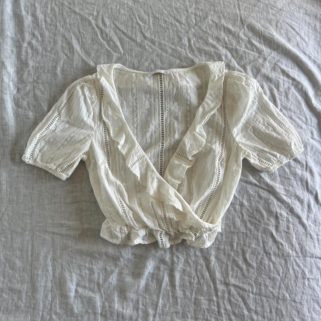 Kookai White Cotton Eyelet Lace Wrap Blouse Cottagecore Ruffle Summer Top 34 6 — photo 1 of 8