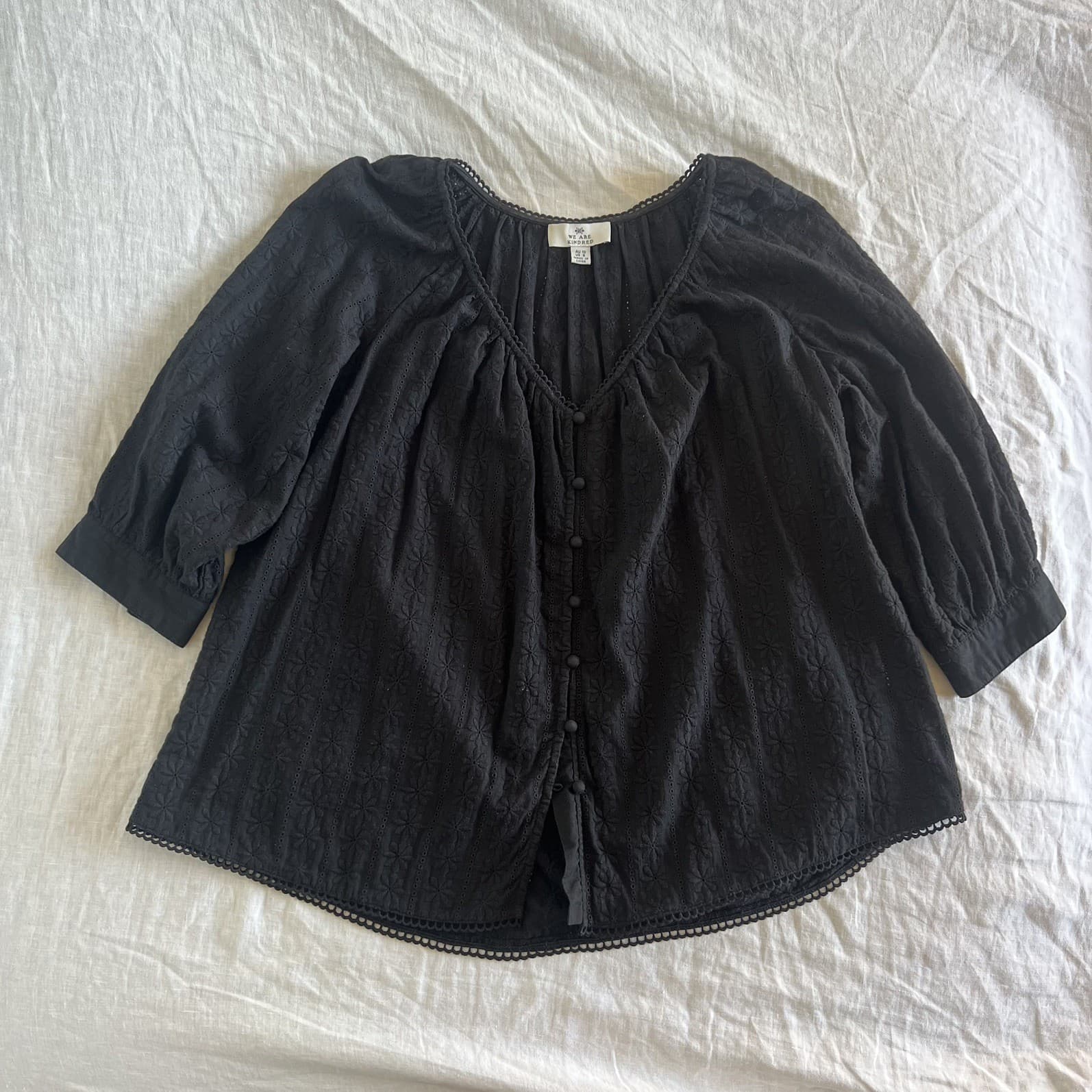 We Are Kindred Black Cotton Eyelet Lace Blouse Boho Cottagecore Button Top 10 — photo 1 of 8