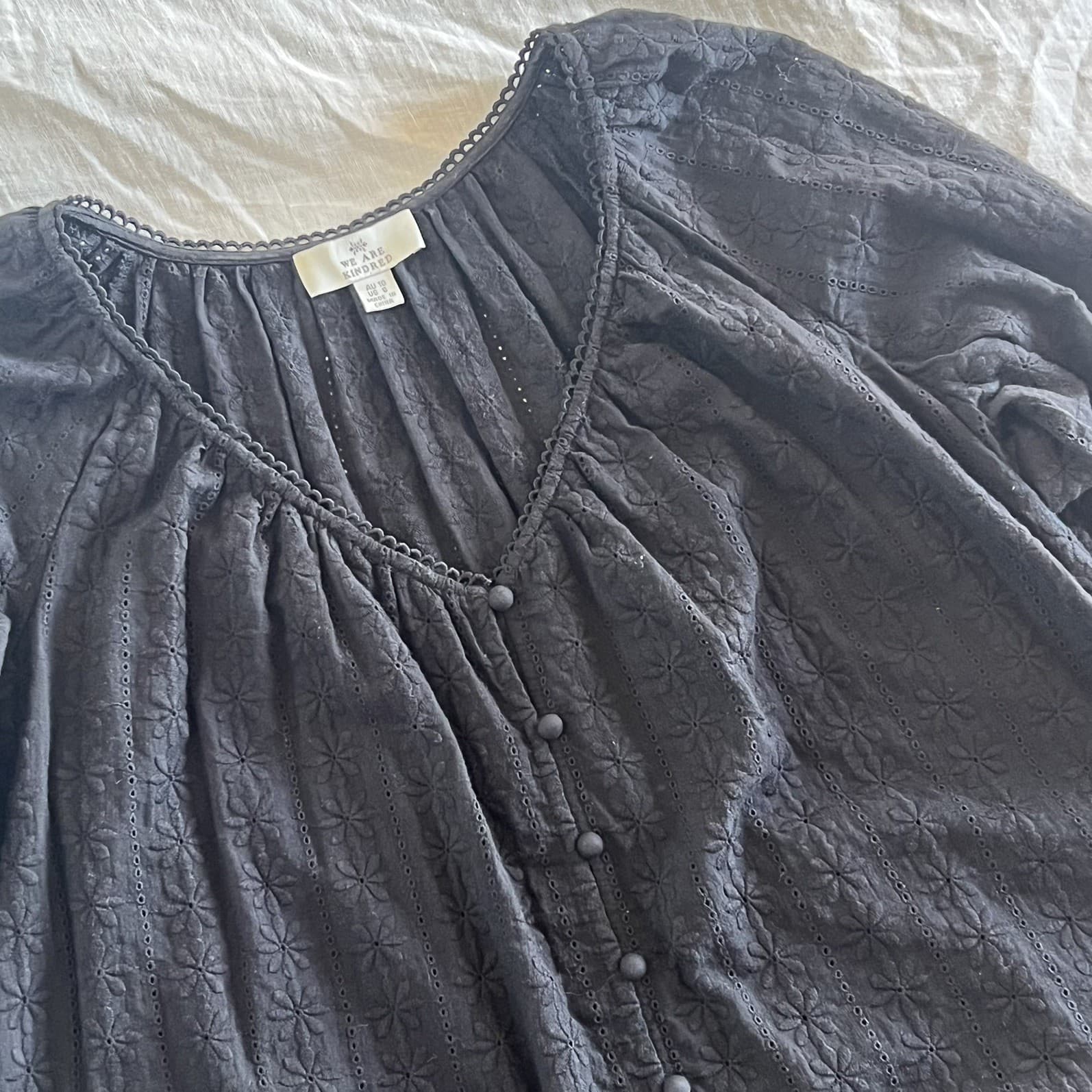 We Are Kindred Black Cotton Eyelet Lace Blouse Boho Cottagecore Button Top 10 — photo 4 of 8