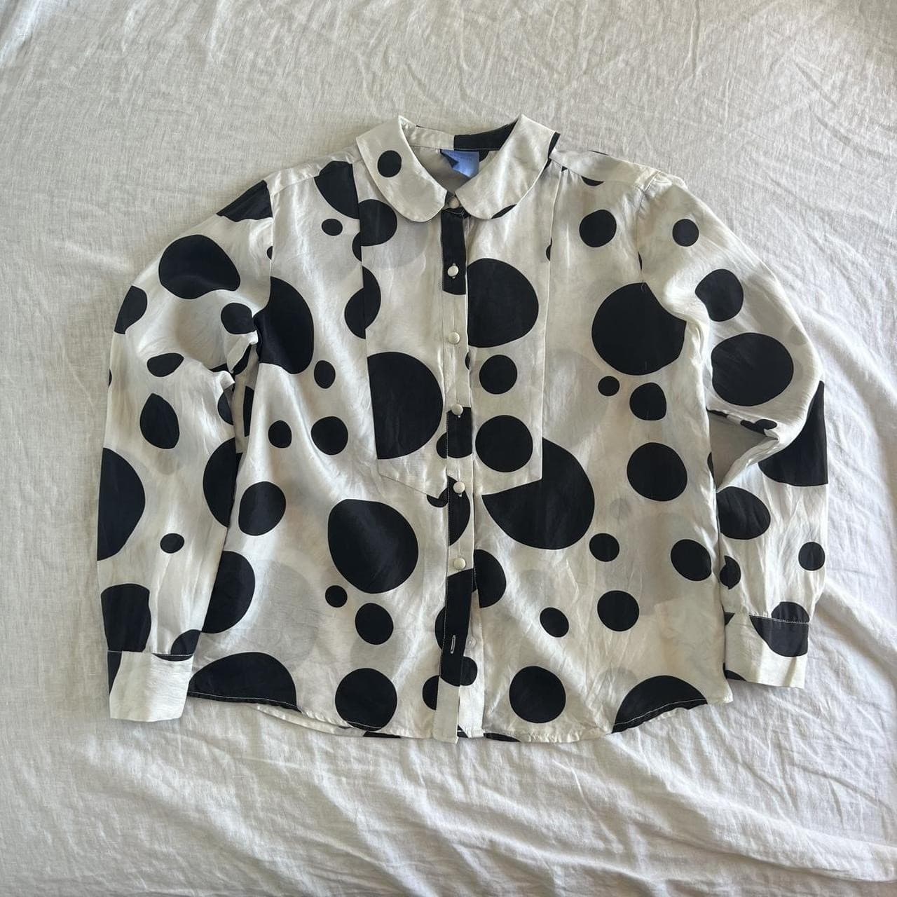 Macgraw 100% Silk Polka Dot Blouse Peter Pan Collar Black White Shirt Medium M — photo 1 of 8