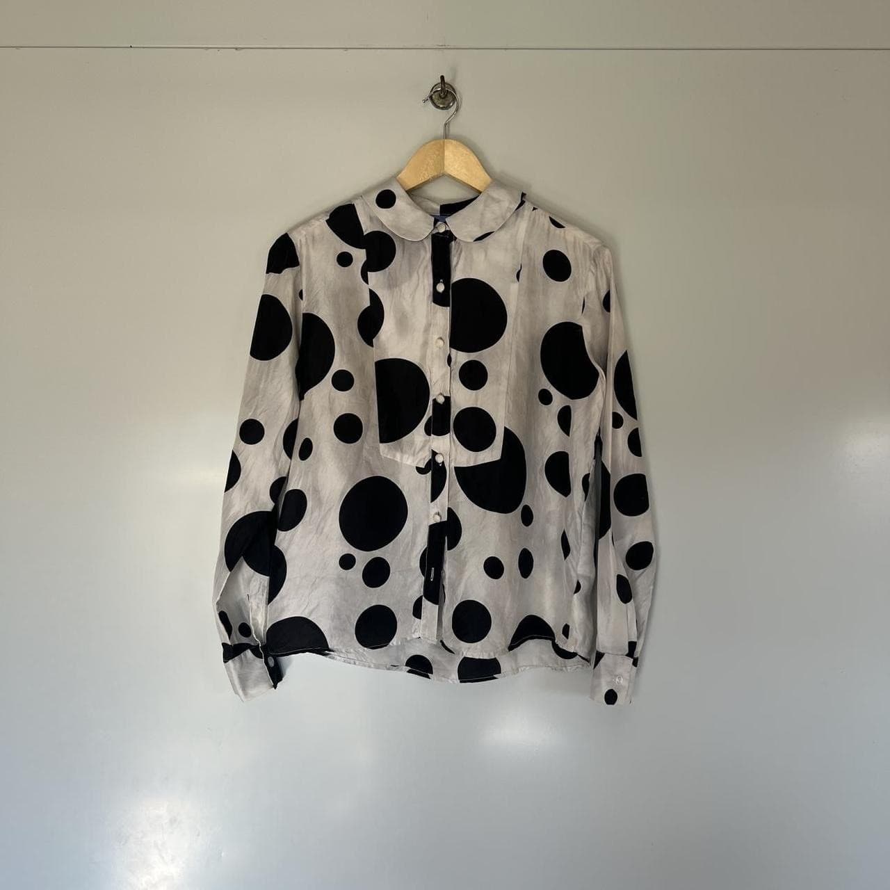 Macgraw 100% Silk Polka Dot Blouse Peter Pan Collar Black White Shirt Medium M — photo 3 of 8