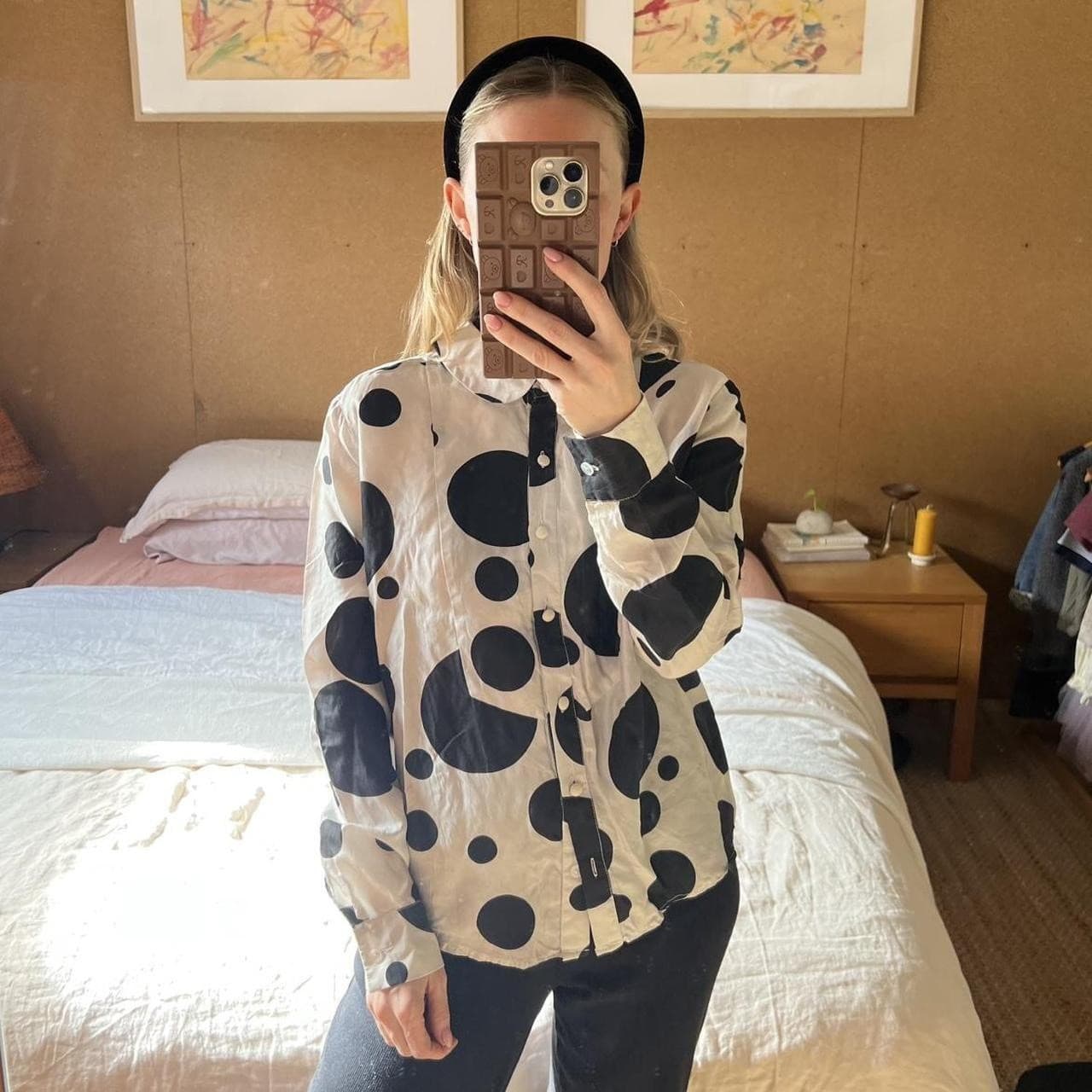 Macgraw 100% Silk Polka Dot Blouse Peter Pan Collar Black White Shirt Medium M — photo 5 of 8