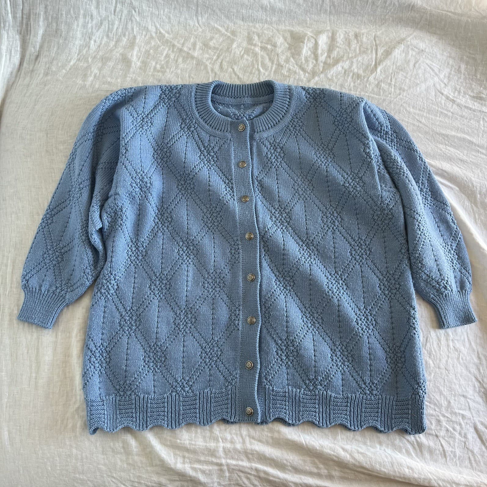 Vintage Handmade Knit Cardigan Blue Wool Blend Diamond Scalloped Sweater Large L — photo 8 of 8