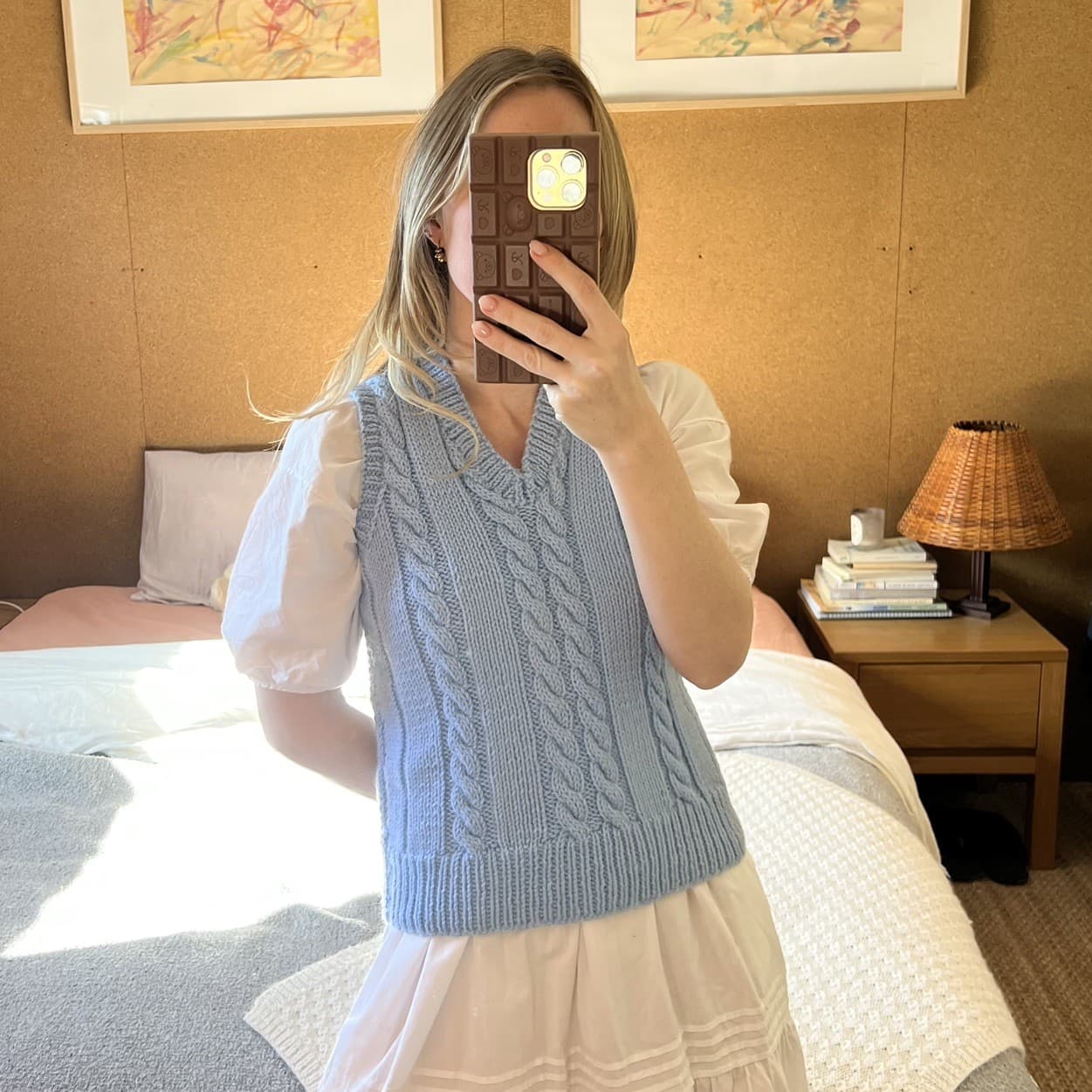 Handmade Cable Knit Sweater Vest Blue V-Neck Cotton Blend Tank Vintage Style XS — photo 1 of 9