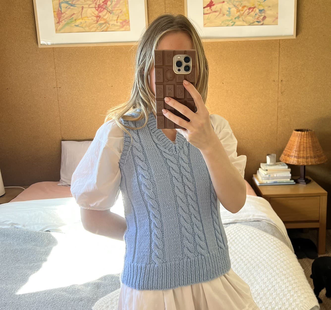 Handmade Cable Knit Sweater Vest Blue V-Neck Cotton Blend Tank Vintage Style XS — photo 5 of 9