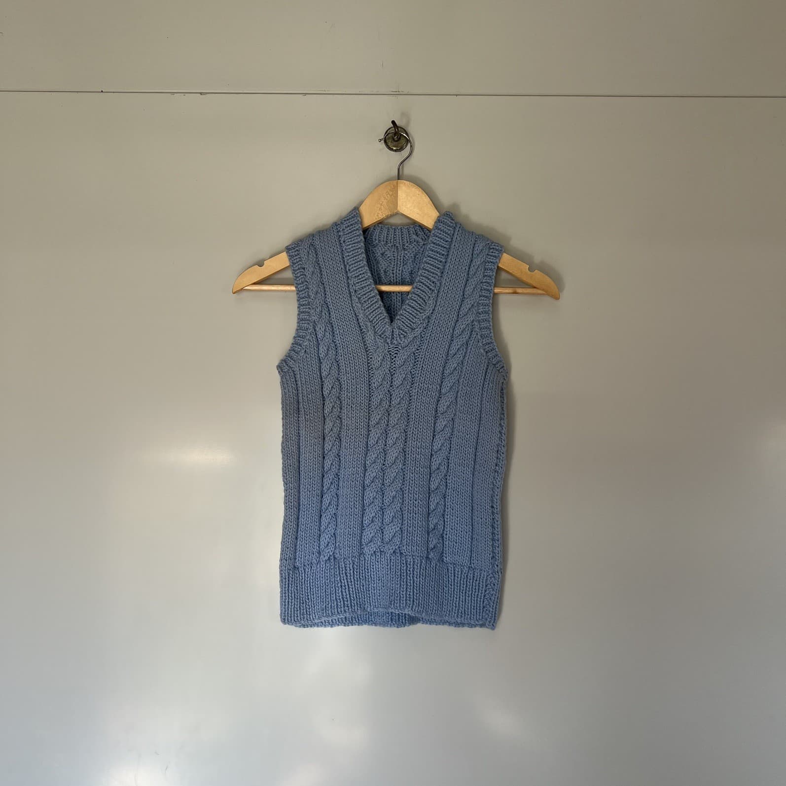 Handmade Cable Knit Sweater Vest Blue V-Neck Cotton Blend Tank Vintage Style XS — photo 9 of 9