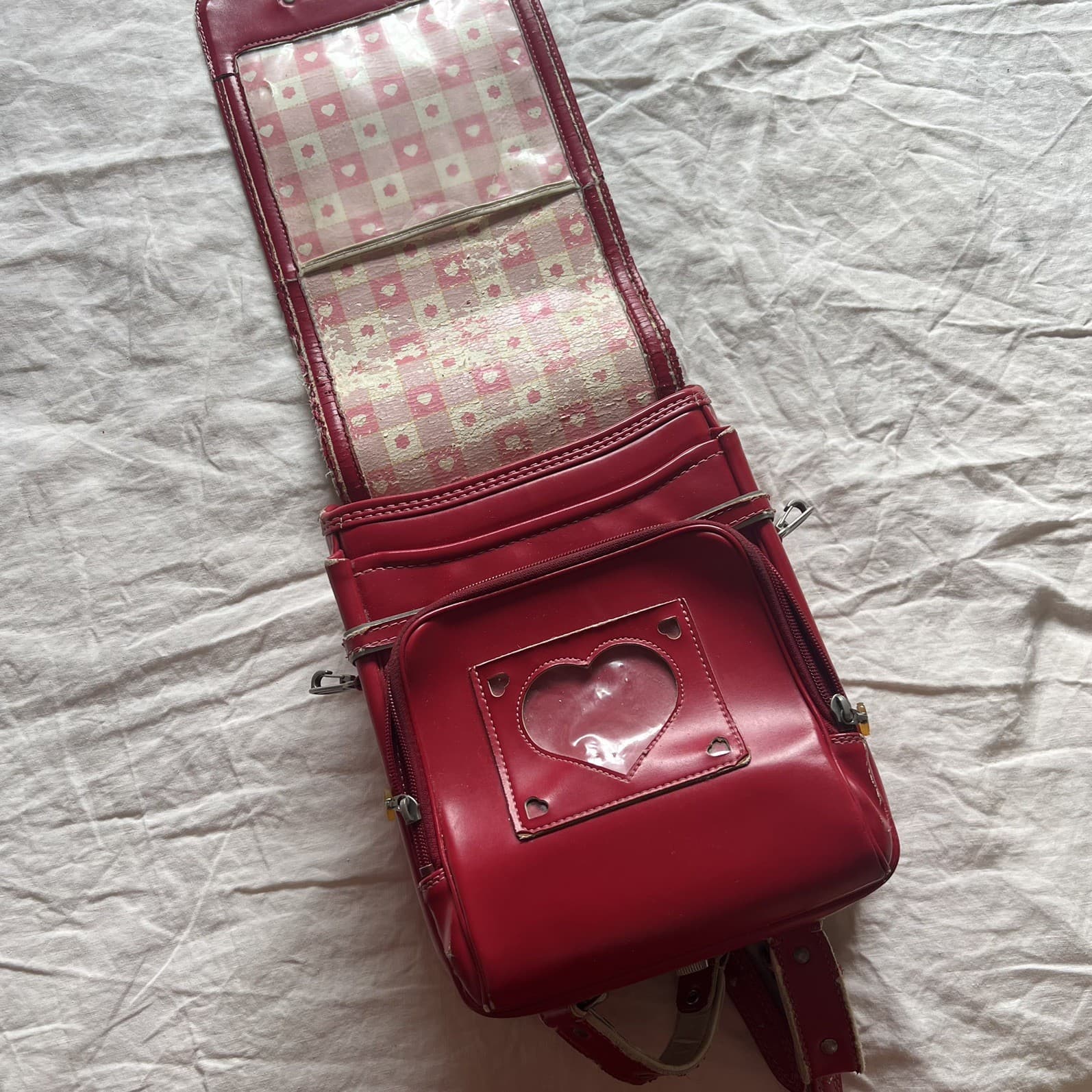 Vintage Japanese Randoseru Backpack Red Cream Hearts J-Fashion Harajuku — photo 2 of 16