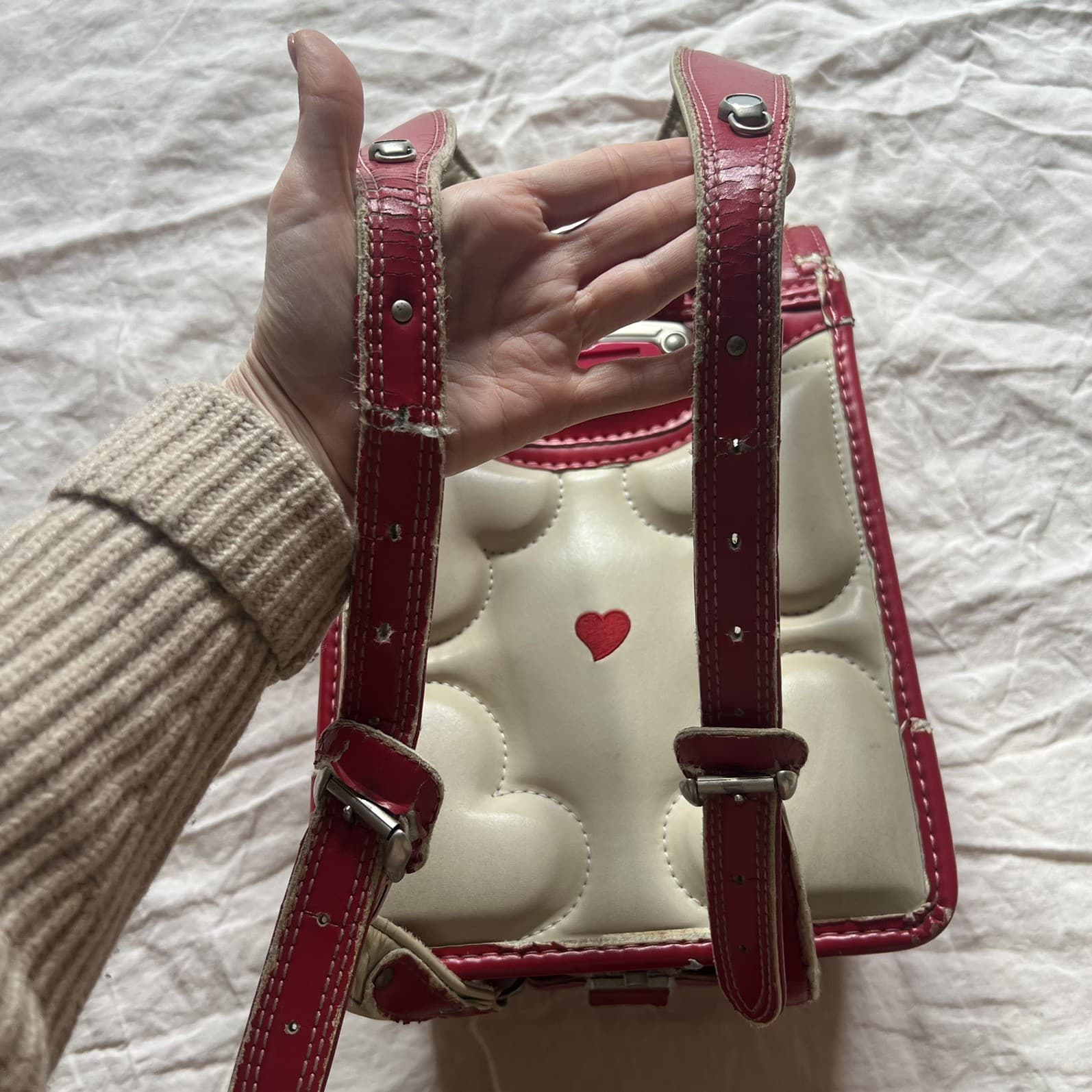 Vintage Japanese Randoseru Backpack Red Cream Hearts J-Fashion Harajuku — photo 13 of 16