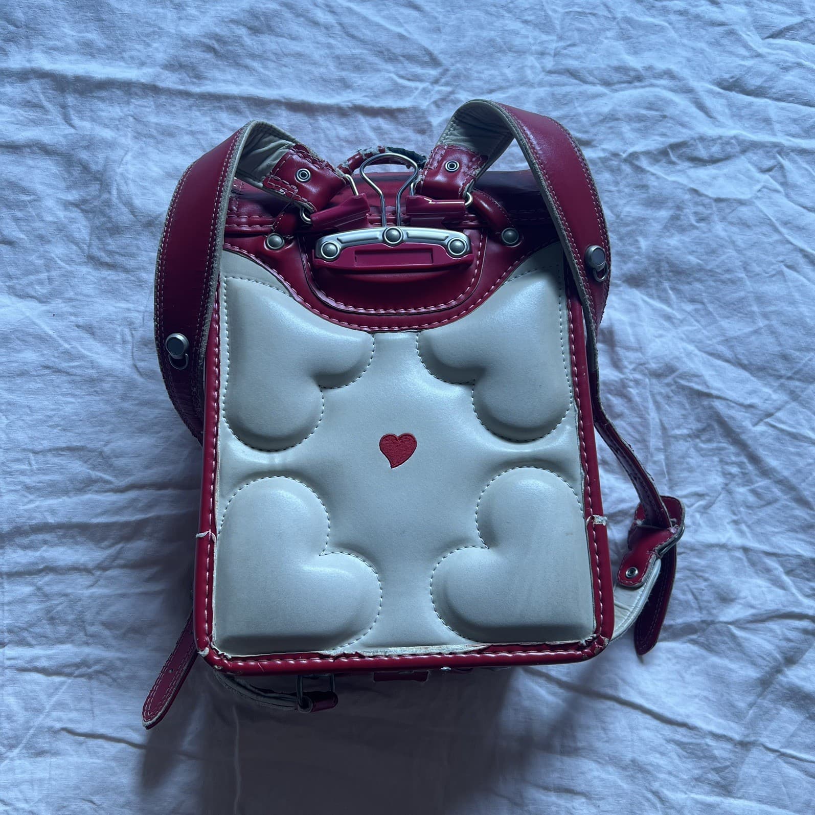 Vintage Japanese Randoseru Backpack Red Cream Hearts J-Fashion Harajuku — photo 7 of 16