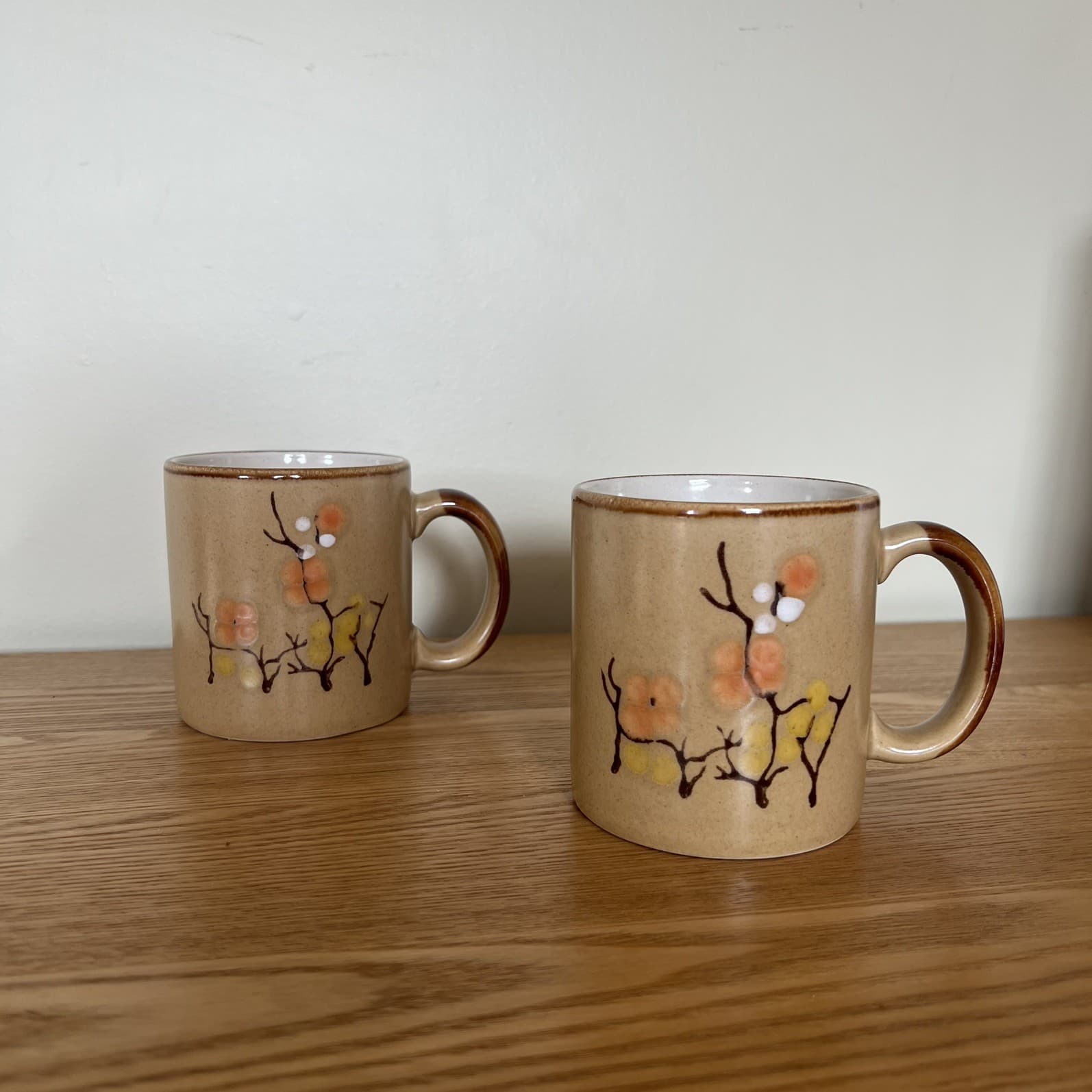 Vintage 70s Korea Stoneware Cappuccino Mugs Set 2 Sakura Cherry Blossom Jumbo — photo 1 of 8