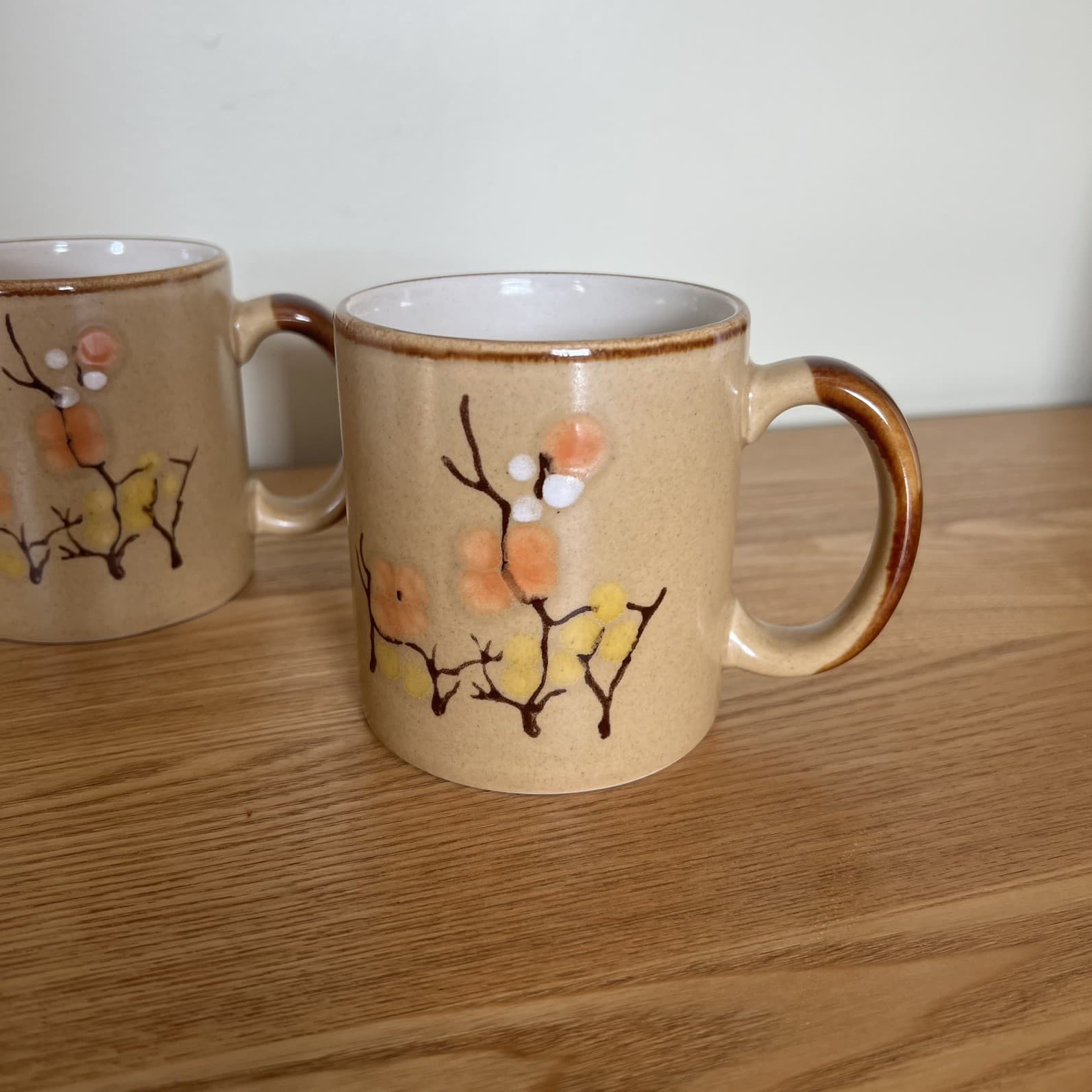 Vintage 70s Korea Stoneware Cappuccino Mugs Set 2 Sakura Cherry Blossom Jumbo — photo 4 of 8