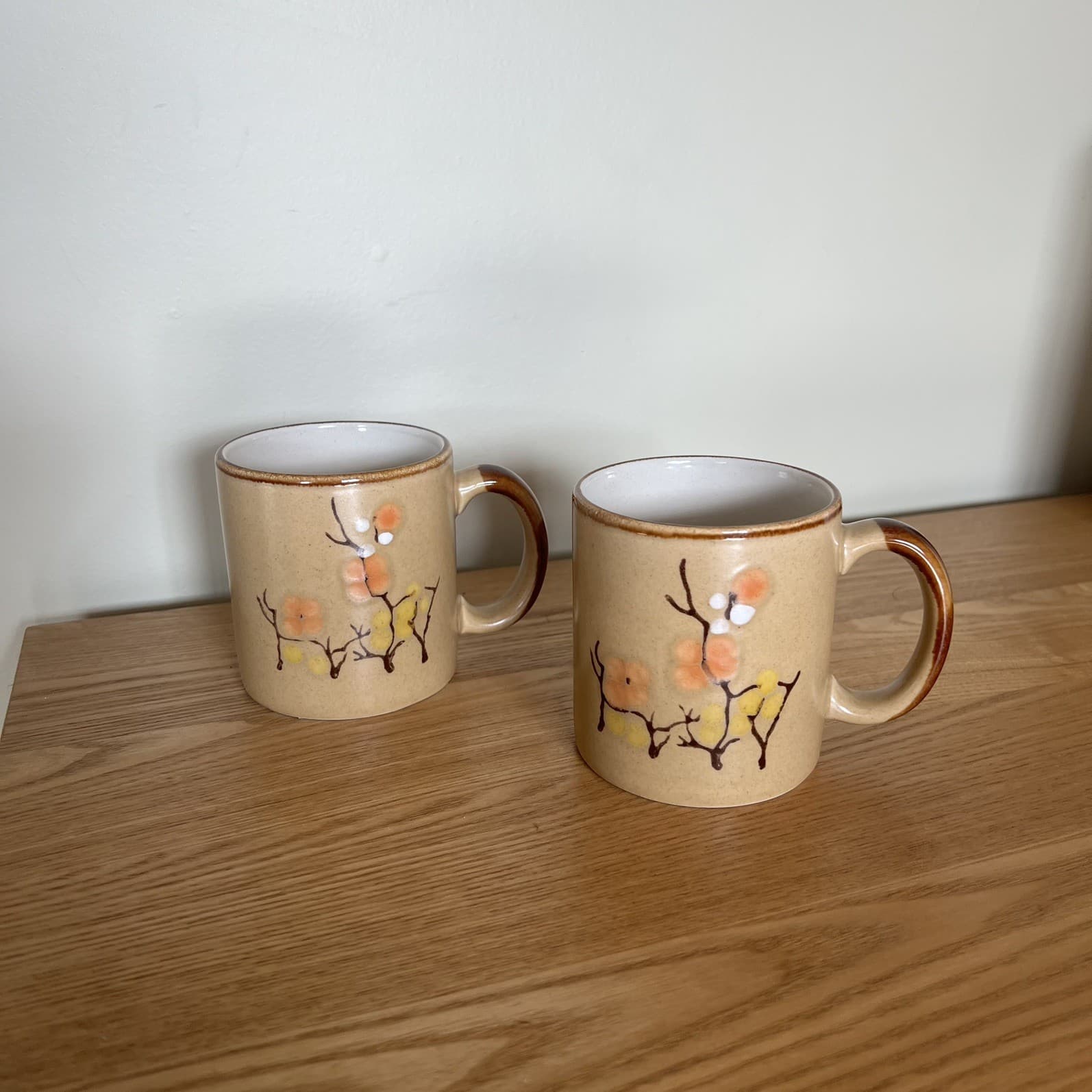 Vintage 70s Korea Stoneware Cappuccino Mugs Set 2 Sakura Cherry Blossom Jumbo — photo 5 of 8