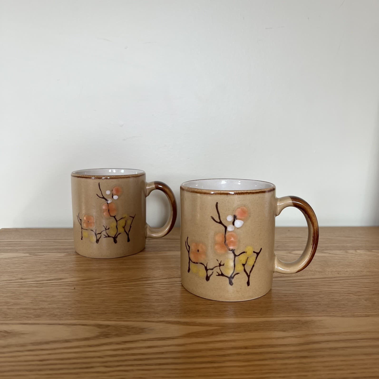 Vintage 70s Korea Stoneware Cappuccino Mugs Set 2 Sakura Cherry Blossom Jumbo — photo 6 of 8