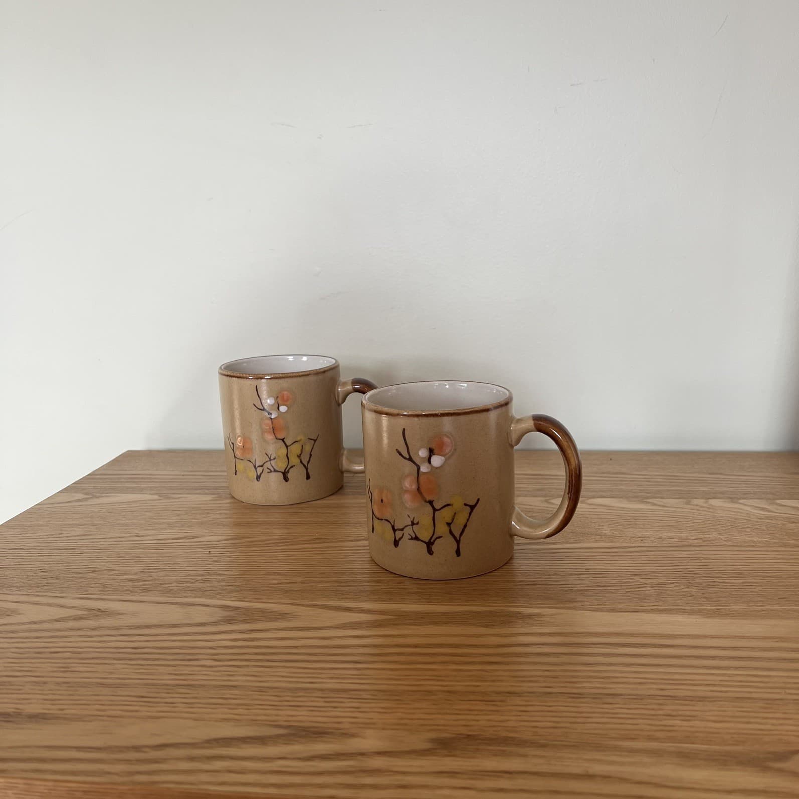 Vintage 70s Korea Stoneware Cappuccino Mugs Set 2 Sakura Cherry Blossom Jumbo — photo 8 of 8