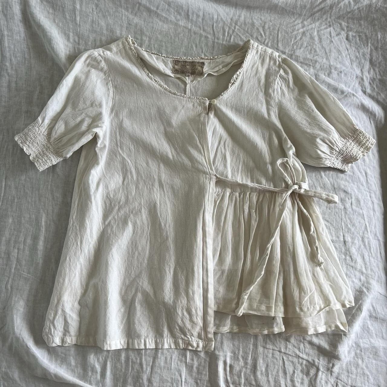 Les Ours Ivory Cotton Linen Blouse Wrap Tie Front Ruffle Puff Sleeve Cottagecore — photo 1 of 8