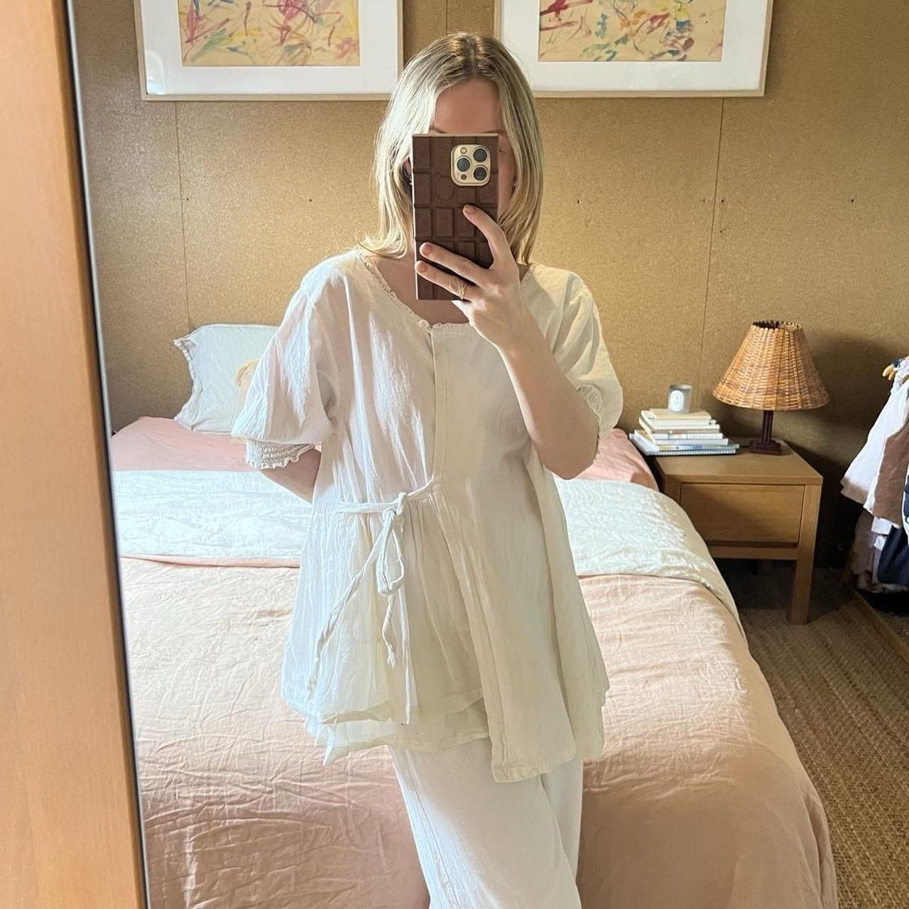 Les Ours Ivory Cotton Linen Blouse Wrap Tie Front Ruffle Puff Sleeve Cottagecore — photo 2 of 8