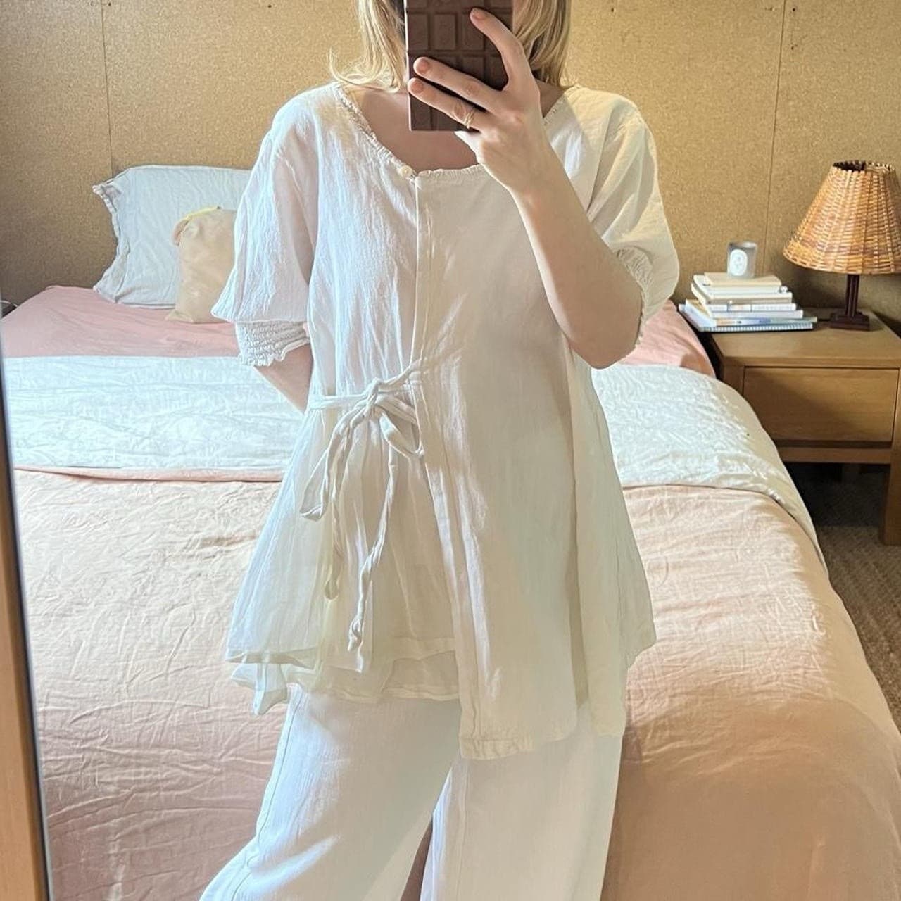 Les Ours Ivory Cotton Linen Blouse Wrap Tie Front Ruffle Puff Sleeve Cottagecore — photo 3 of 8