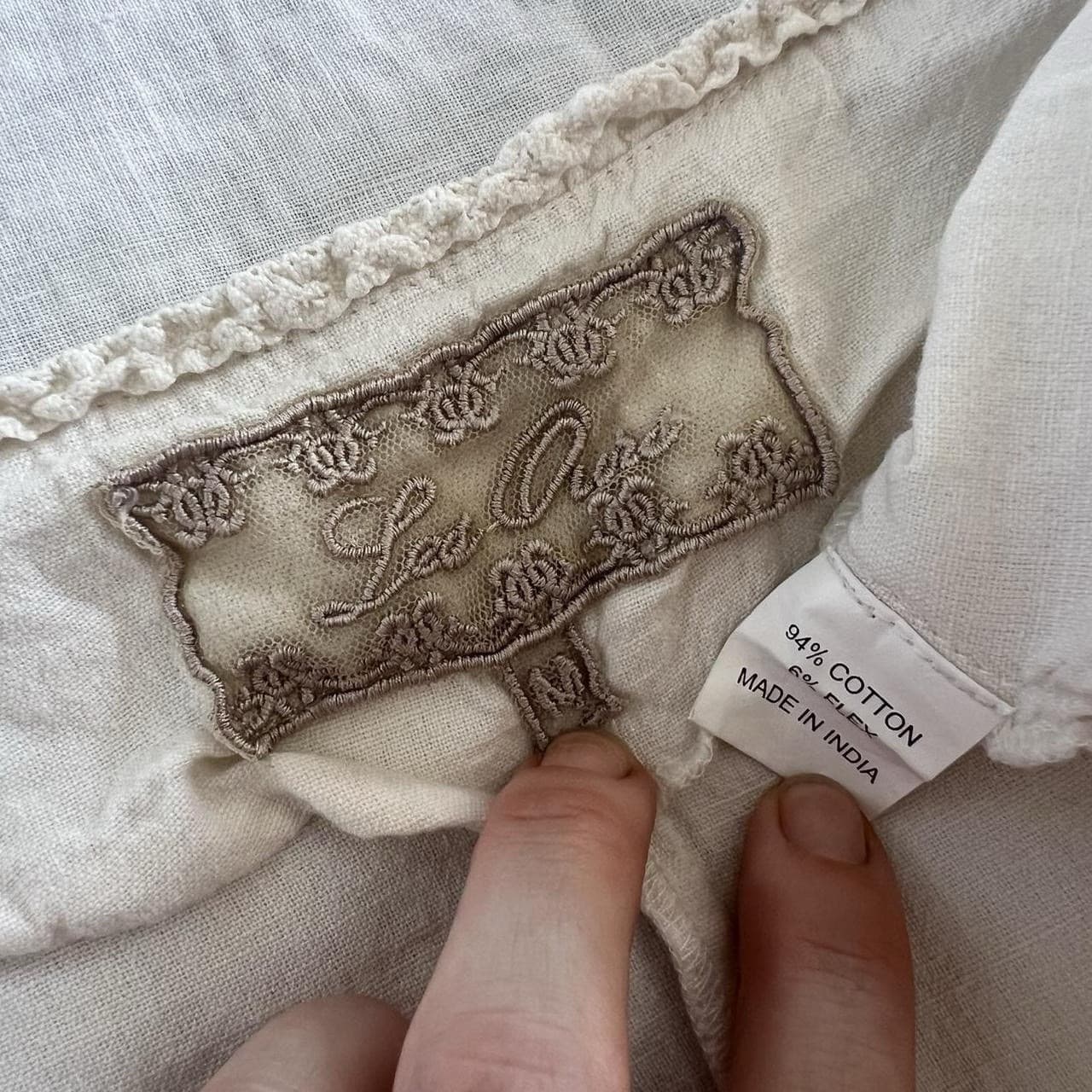 Les Ours Ivory Cotton Linen Blouse Wrap Tie Front Ruffle Puff Sleeve Cottagecore — photo 8 of 8