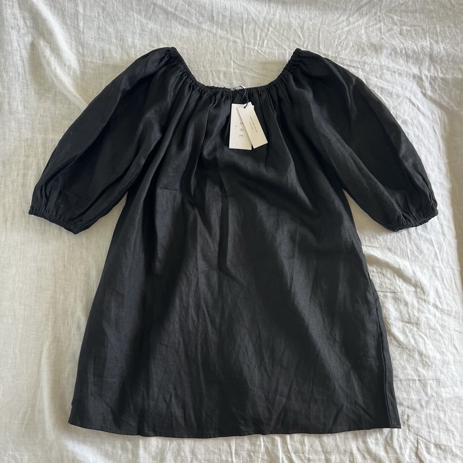 AERE Black Linen Mini Dress 6 Off Shoulder Puff Sleeve Babydoll Summer Resort — photo 2 of 7