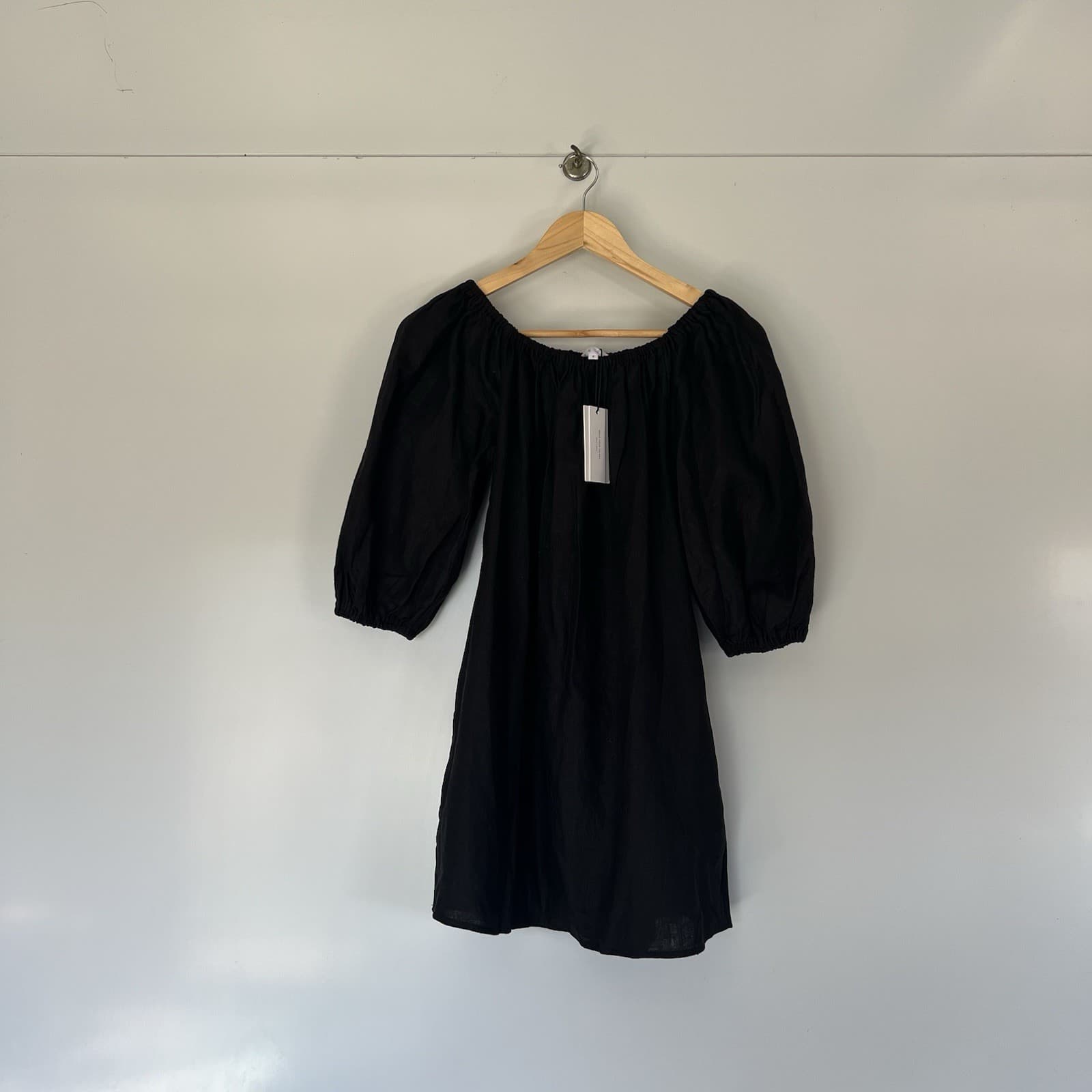 AERE Black Linen Mini Dress 6 Off Shoulder Puff Sleeve Babydoll Summer Resort — photo 3 of 7