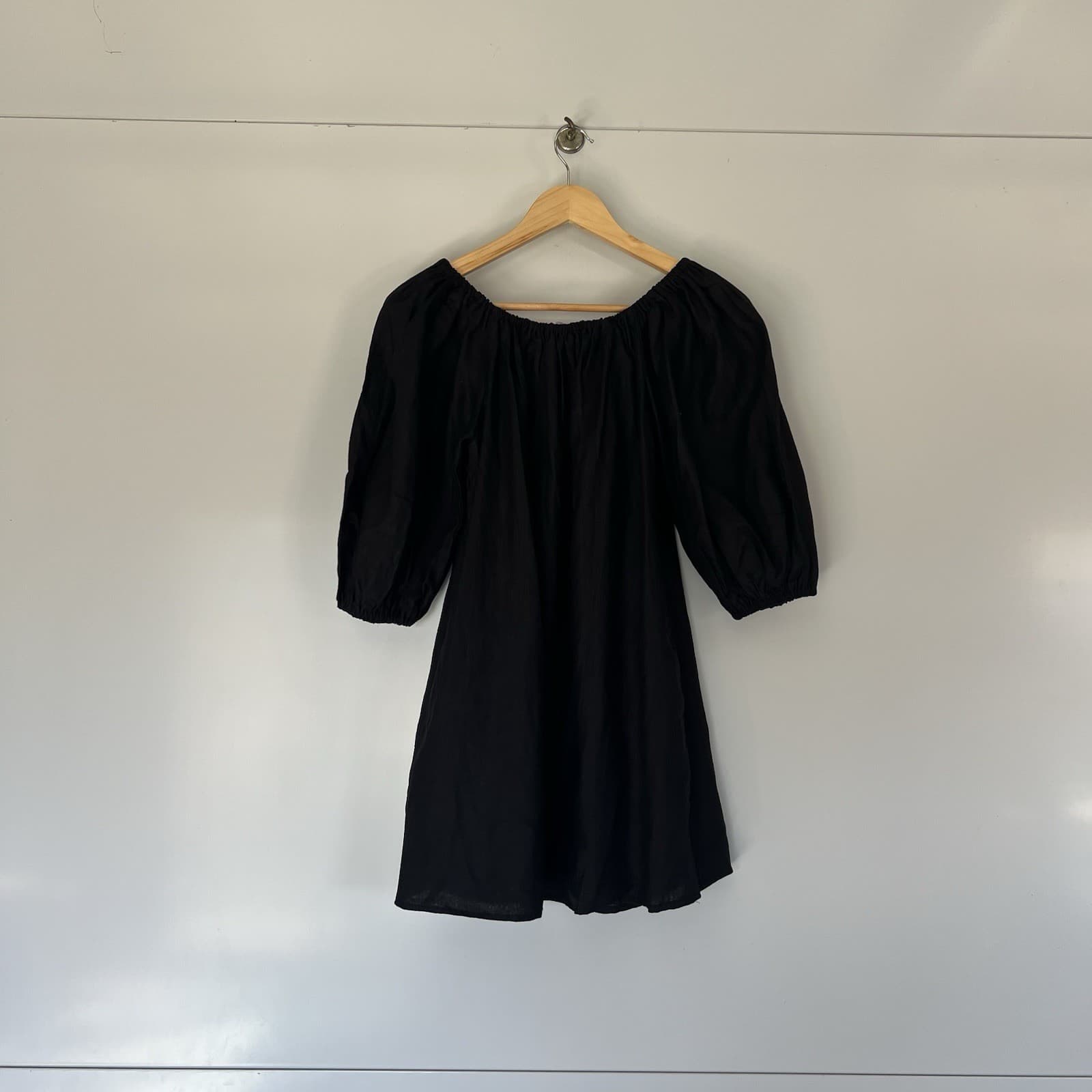 AERE Black Linen Mini Dress 6 Off Shoulder Puff Sleeve Babydoll Summer Resort — photo 4 of 7