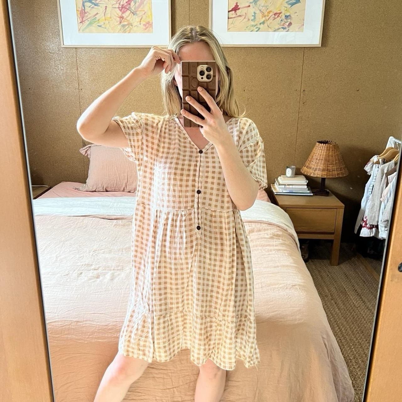 Brown Gingham Babydoll Dress S M L Tiered Ruffle Cotton Blend Cottagecore Mini — photo 2 of 8