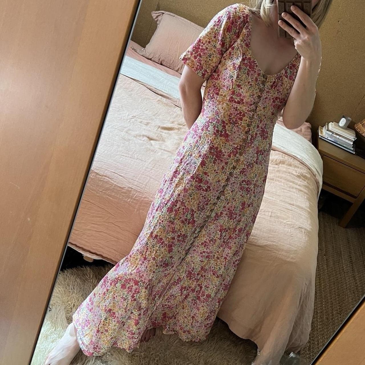 Tree Of Life Pink Floral Cotton Maxi Dress S Button Boho Prairie Cottagecore — photo 1 of 8