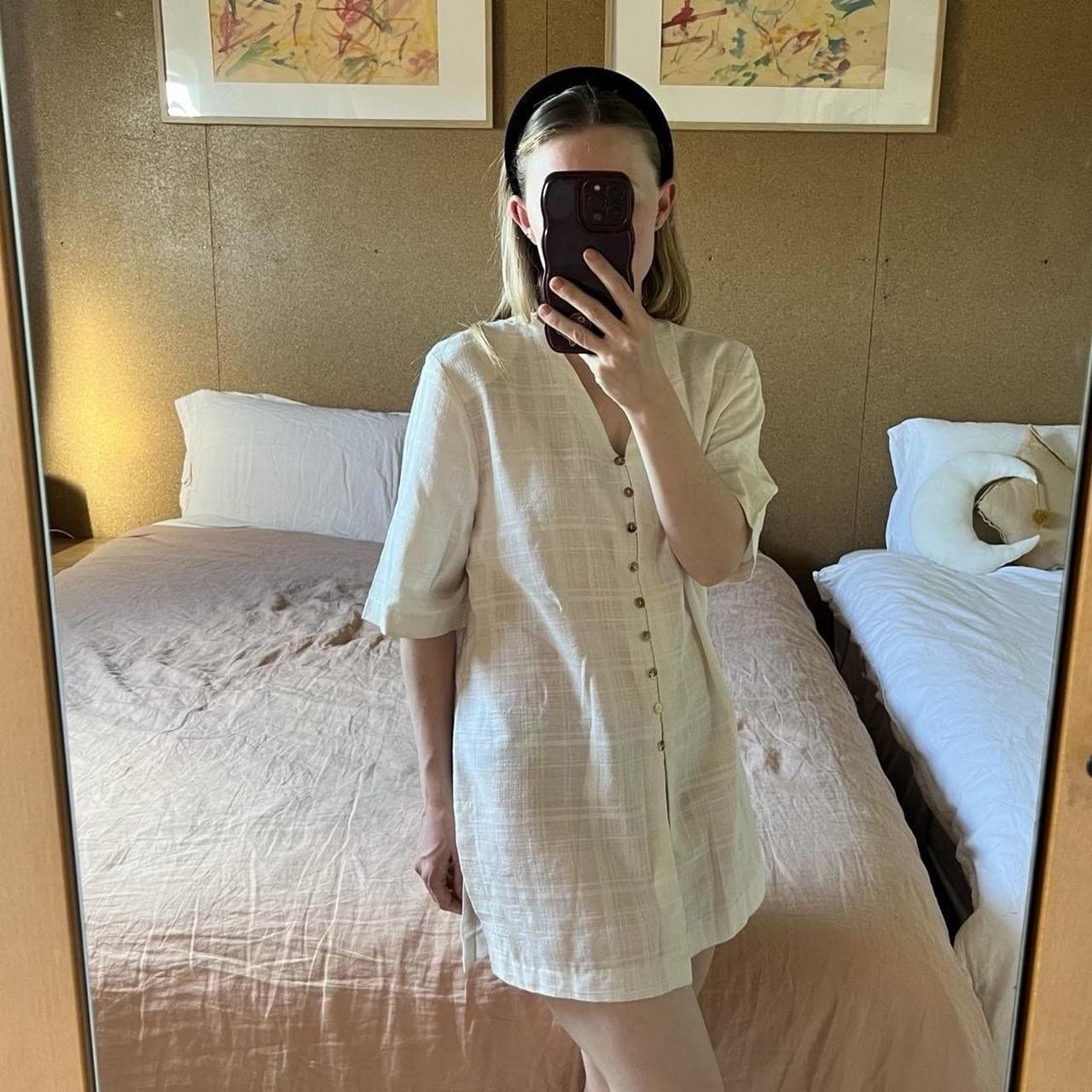 Vintage 90s Cream Gauze Tunic Shirt S M Plaid Oversized Beach Cover Up Coastal — photo 1 of 6