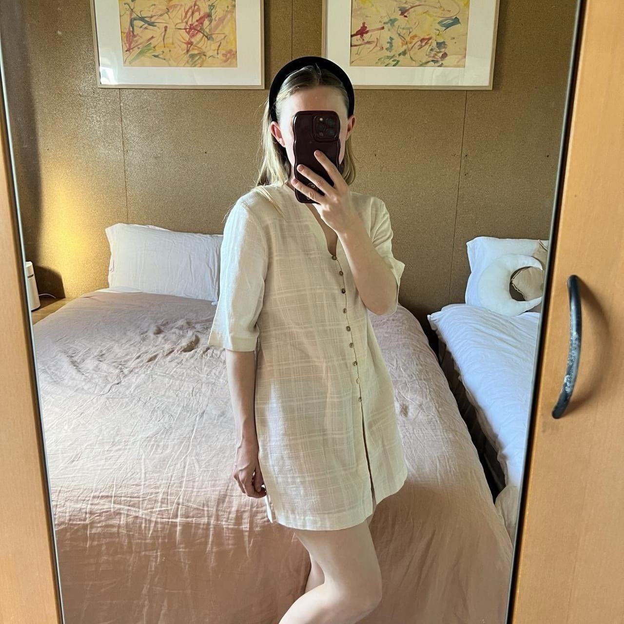 Vintage 90s Cream Gauze Tunic Shirt S M Plaid Oversized Beach Cover Up Coastal — photo 2 of 6