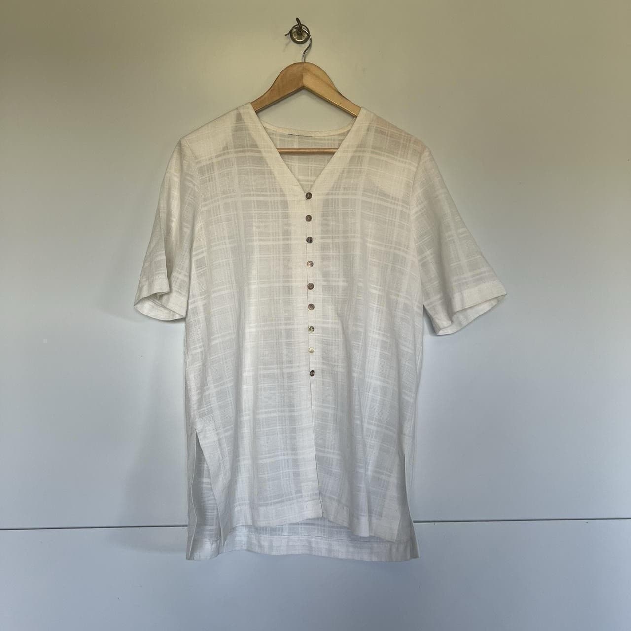 Vintage 90s Cream Gauze Tunic Shirt S M Plaid Oversized Beach Cover Up Coastal — photo 3 of 6